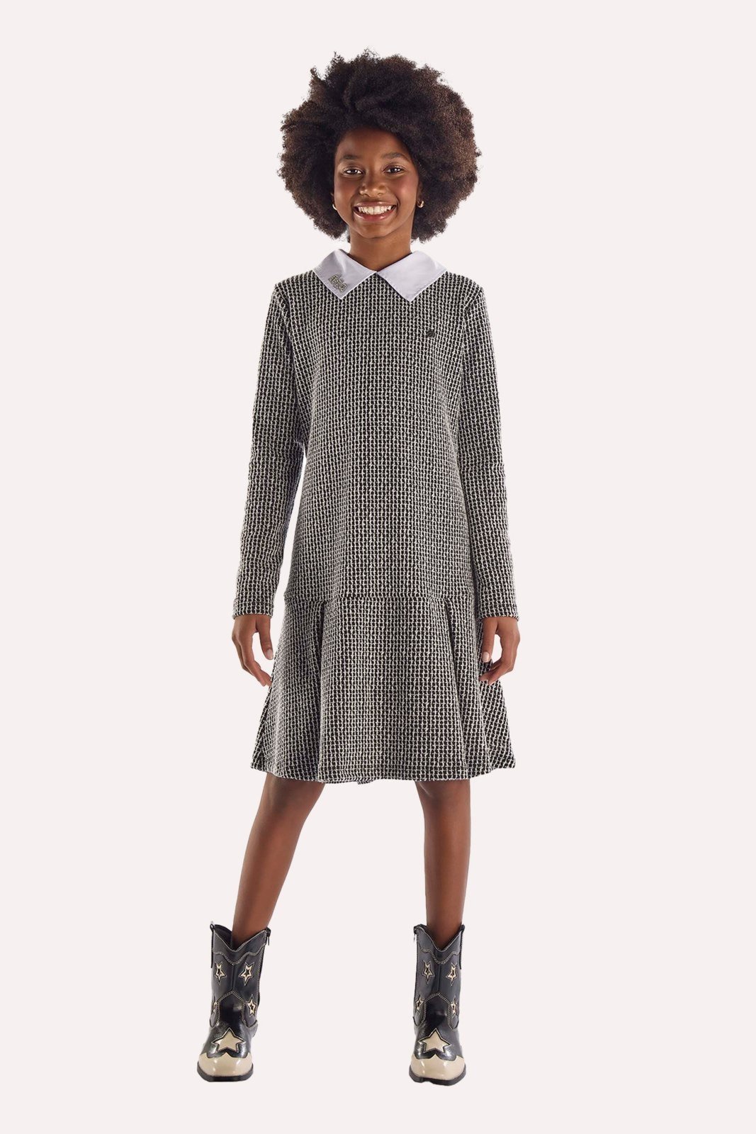 Infantil - Vestido Preto em Malha Jacquard Xadrez