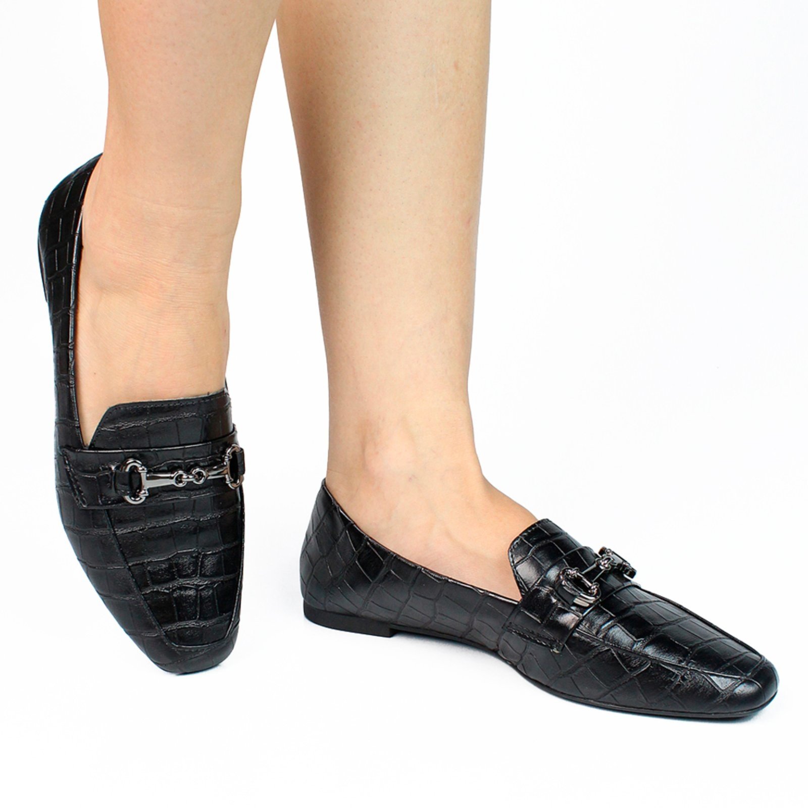 Sapato Mocassim Donatella Shoes Bico Quadrado Croco Preto