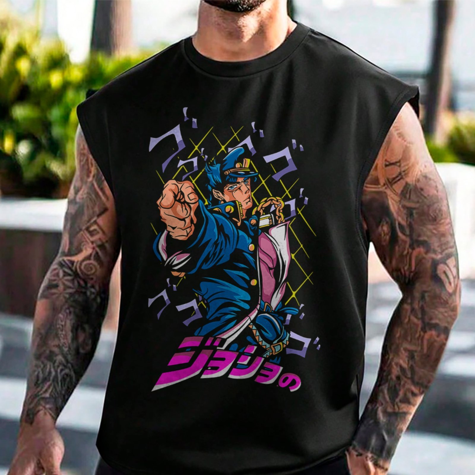 Camiseta Regata Machão Jotaro Kujo Anime JoJo Bizarre Adventure Masculina Preto