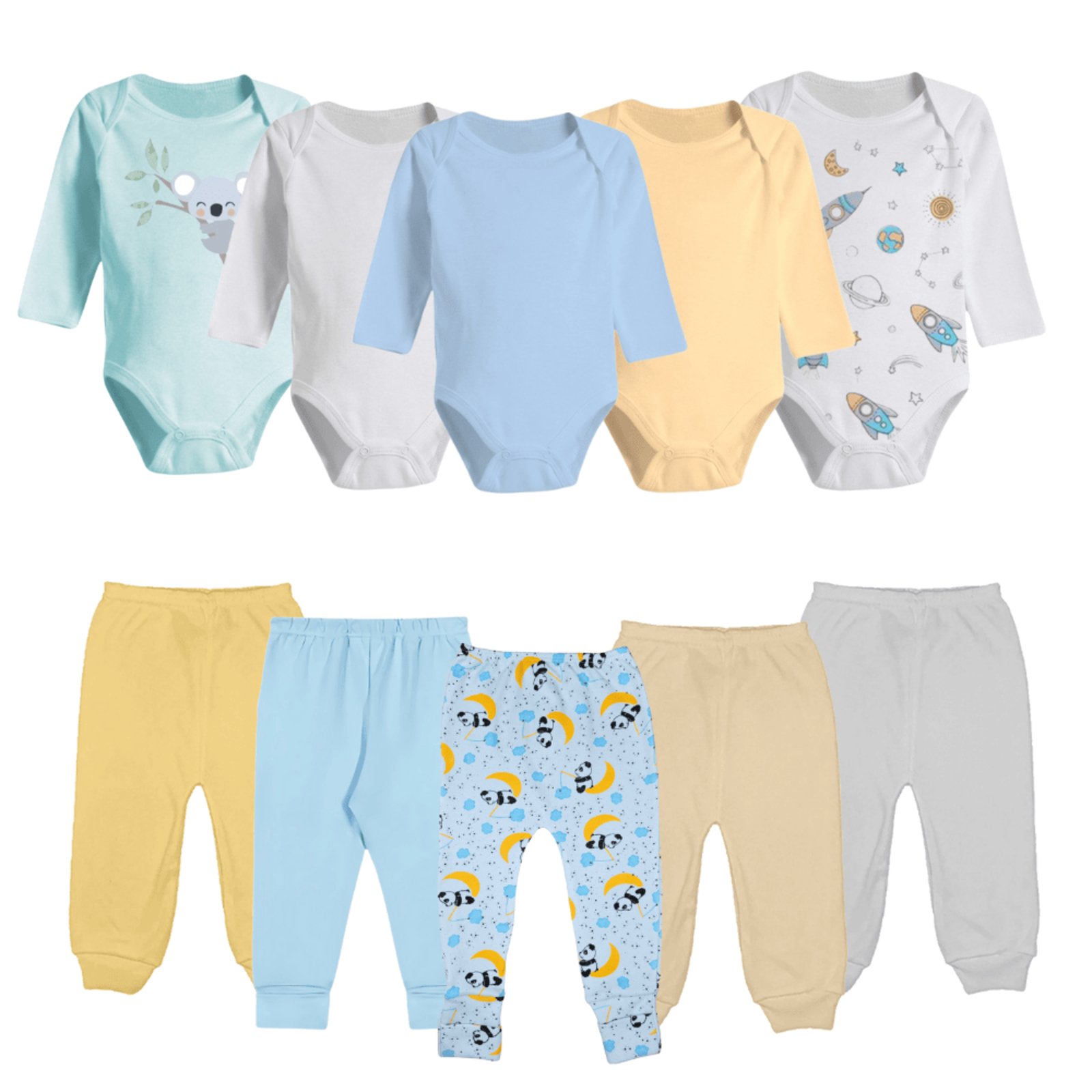 Infantil - Kit Enxoval 10 Peças Body Manga Longa e Mijão Algodão Azul