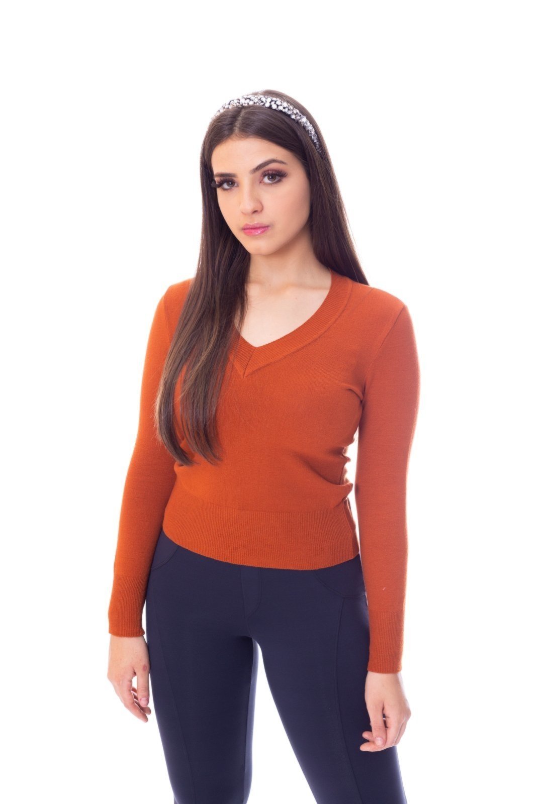 Blusa Moda Vício Decote V Manga Longa Tricô Caramelo