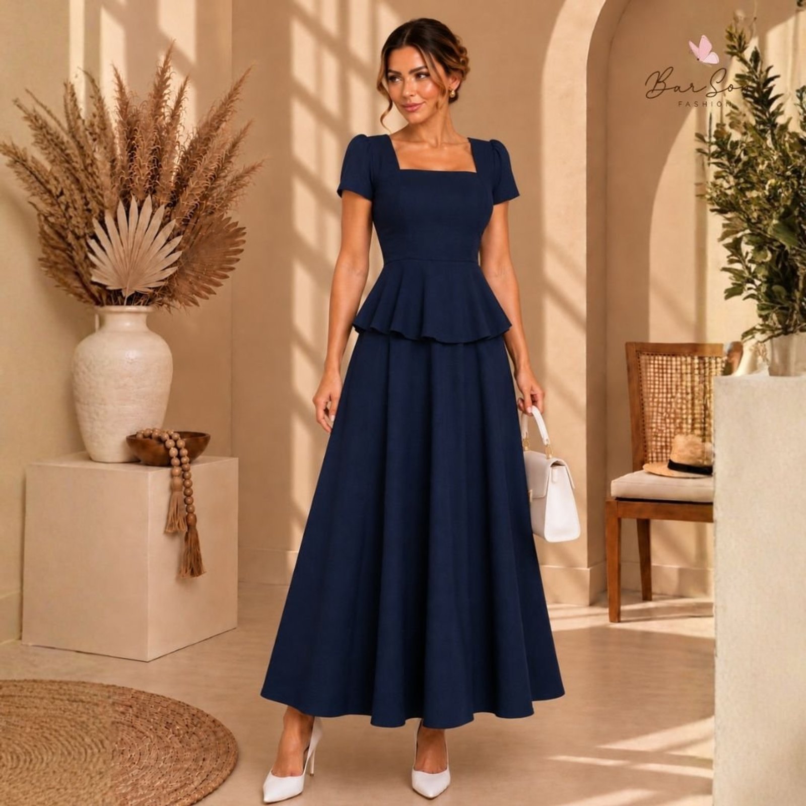 Conjunto Feminino Saia Midi e Blusa Peplum Manga Curta com Babado Elegante Moda Modesta Evangélica Trabalho Estruturado