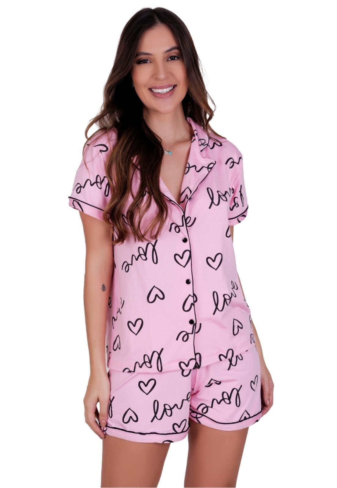 Pijama Americano Manga Curta com Gola e Short Estampado Anastácia Rosa Pijama Americano Manga Curta com Gola e Short Estampado Anastácia Rosa