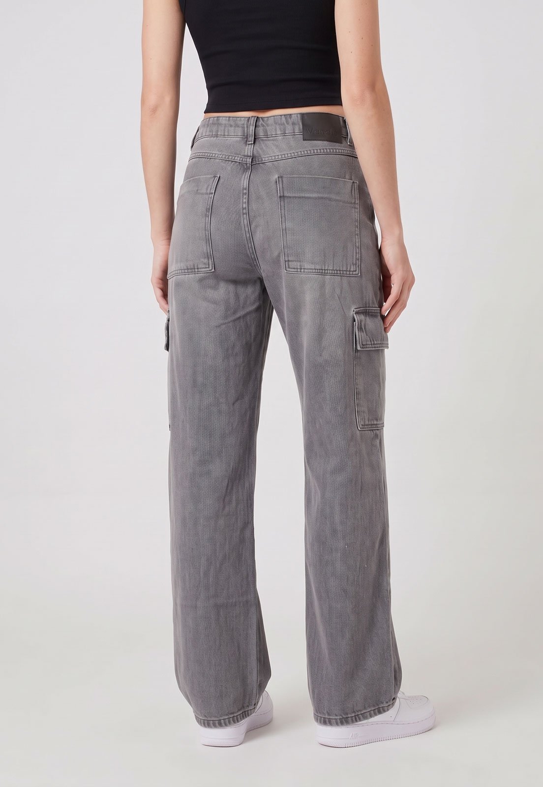 Calça Cargo Sawary Jeans Cintura Média Cinza