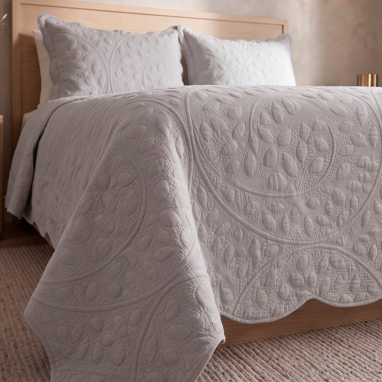 Kit Cobre Leito Vintage Queen Percal 300 Fios Colcha Matelassê Floral Alto Relevo 3 Peças Cinza