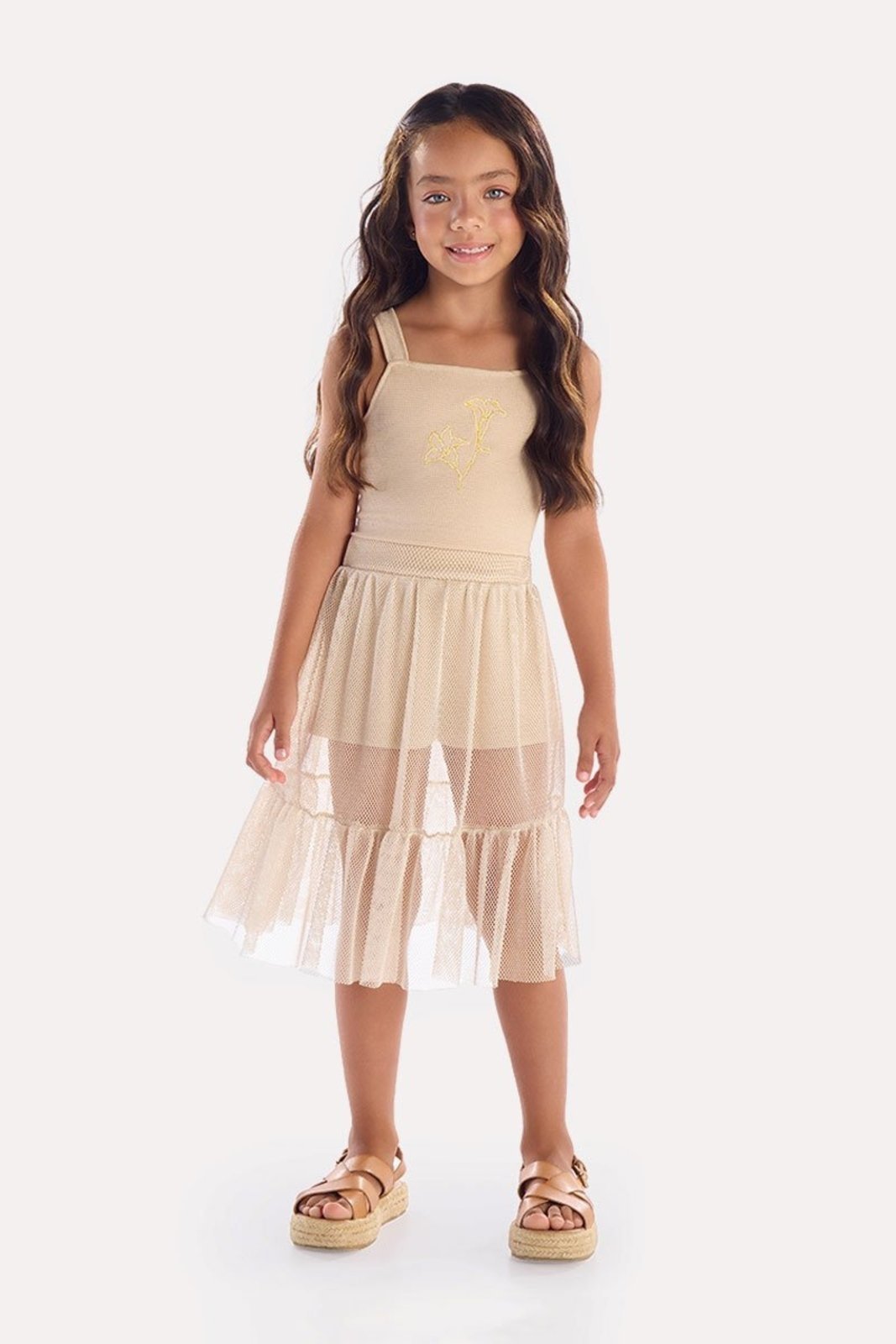 Infantil - Conjunto Blusa Areia com Bordado e Short-Saia em Tule