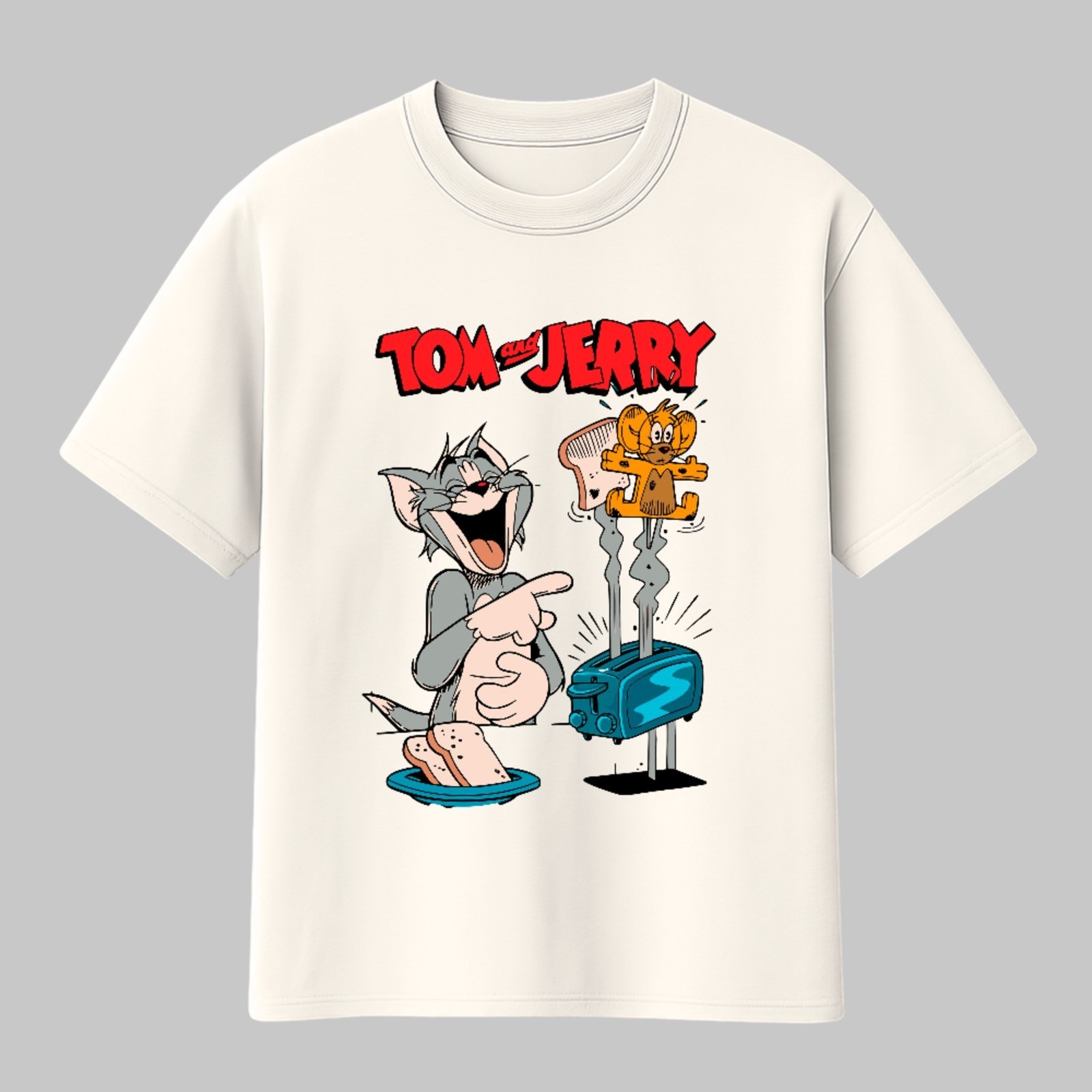 Camiseta Básica Desenho Humor Clássico Cartoon Tom And Jerry Unissex Off White