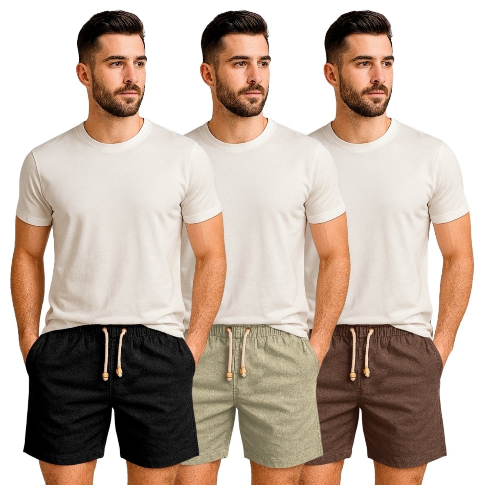 Kit 3 Shorts Linho Premium Relaxado Bermuda Masculina