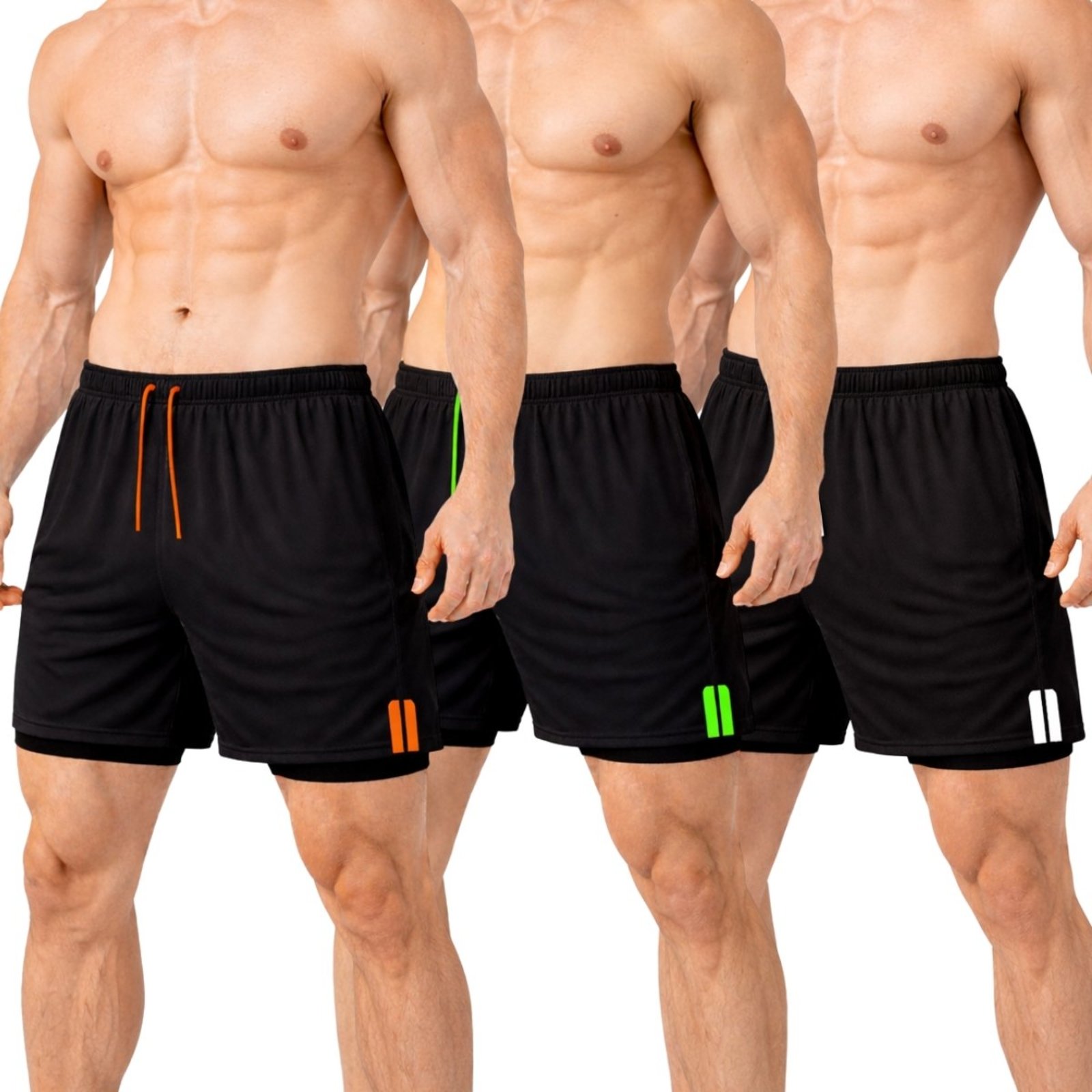 Kit 3 Short Treino Dry Fit Térmico 2 em 1 com Bolso para Celular e Porta-Toalha Calção Fitness Academia