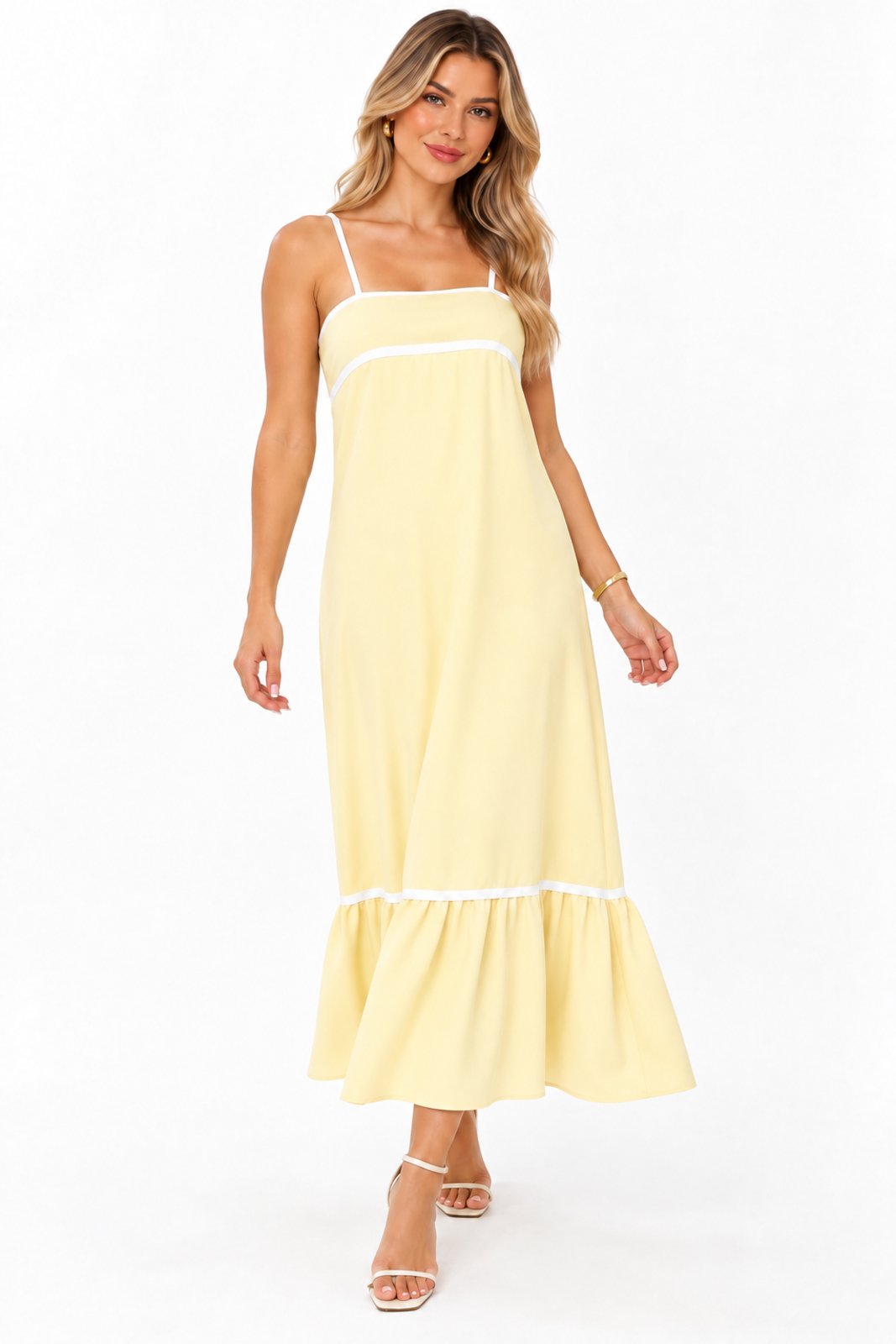 Vestido Midi D Bell Outlet Fashion Alças Finas e Babado na Barra Amarelo Manteiga