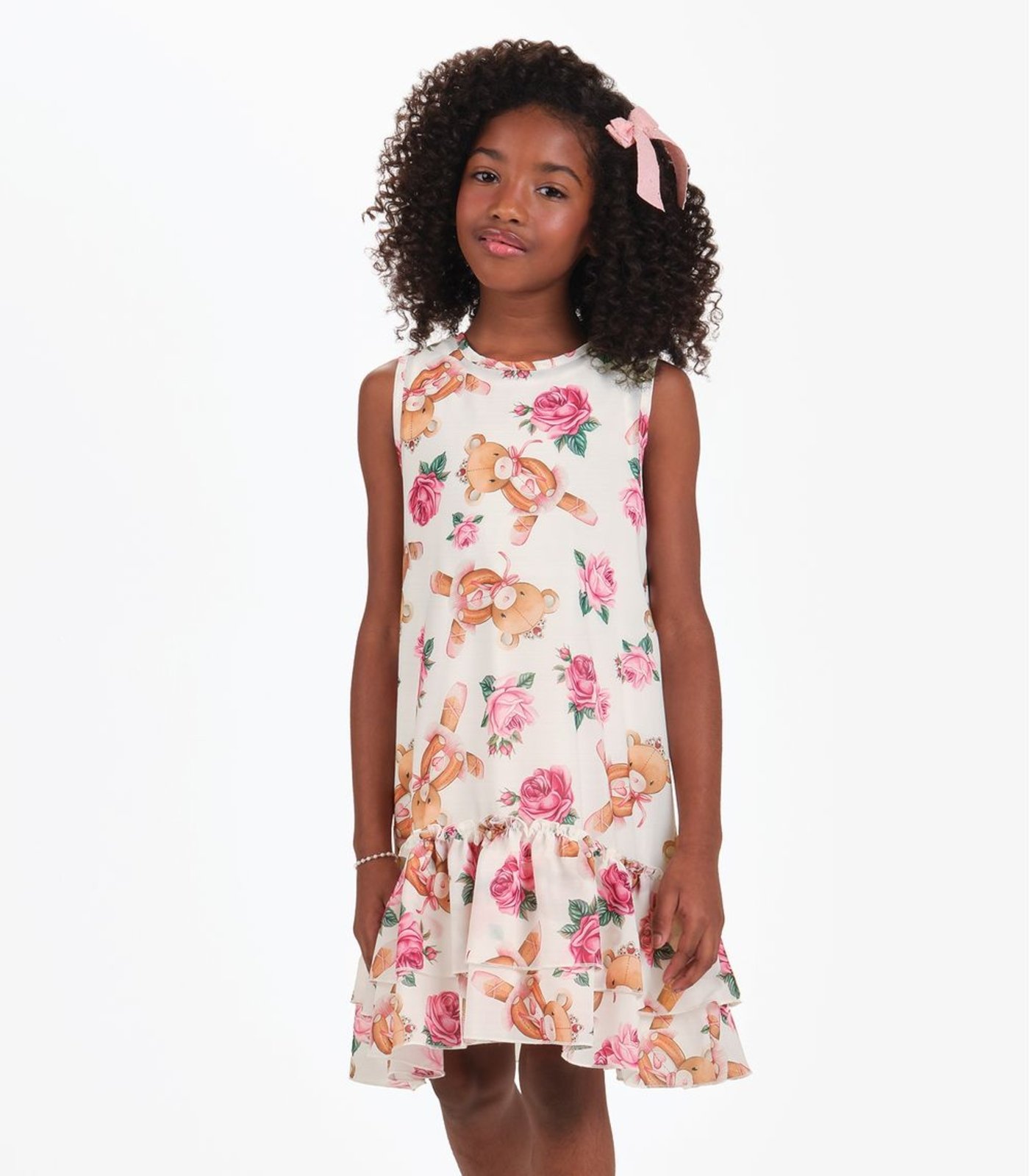 Infantil - Vestido Meia Malha e Chiffon Trick Nick Bege