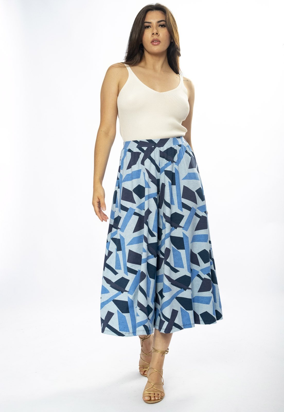 Calça Amazonia Vital Pantacourt Saia Malha Macaúba Estampa Caminhos de Azul