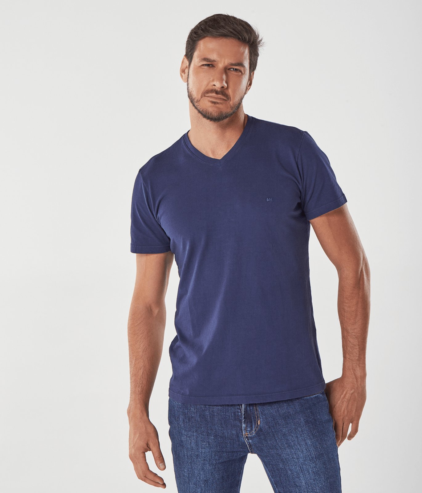 Camiseta Basica Manga Curta Decote V Masculina Azul Noite