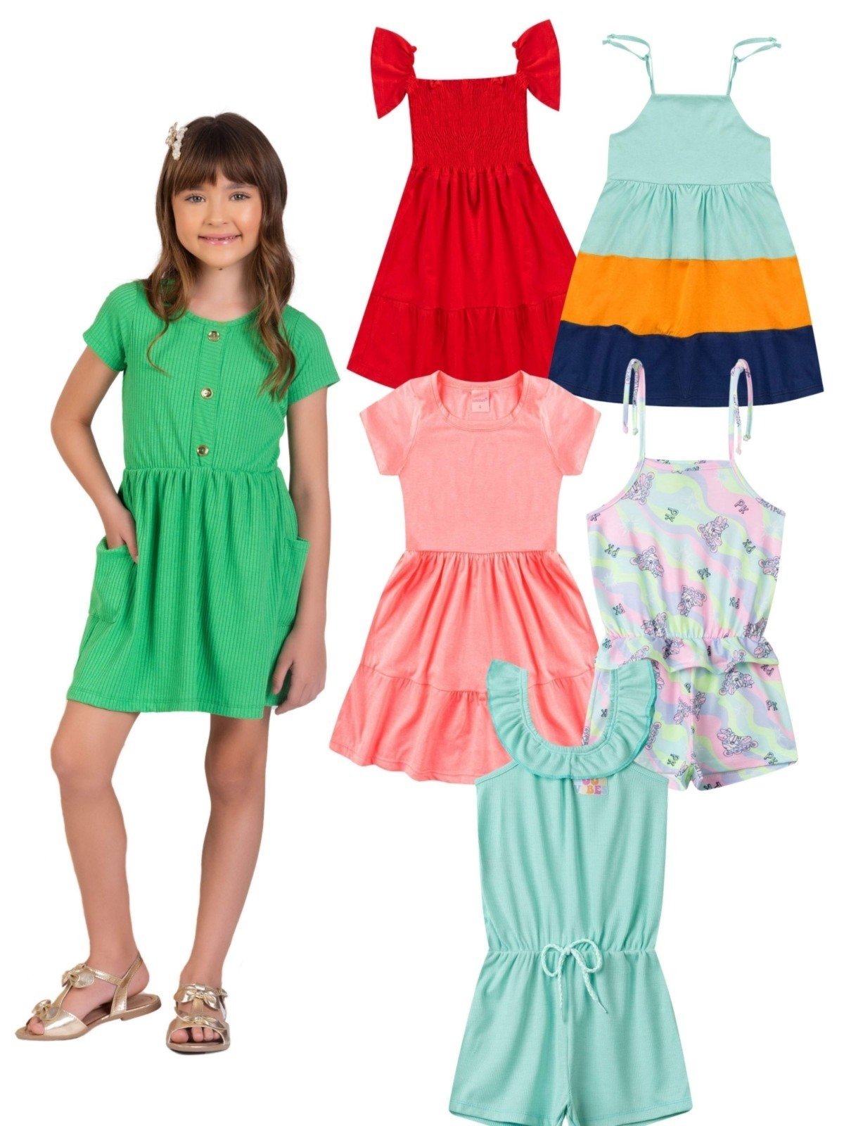 Infantil – Kit Sortido Vestidos e Macaquinhos Platinum Verão – 5 Peças Multicolorido