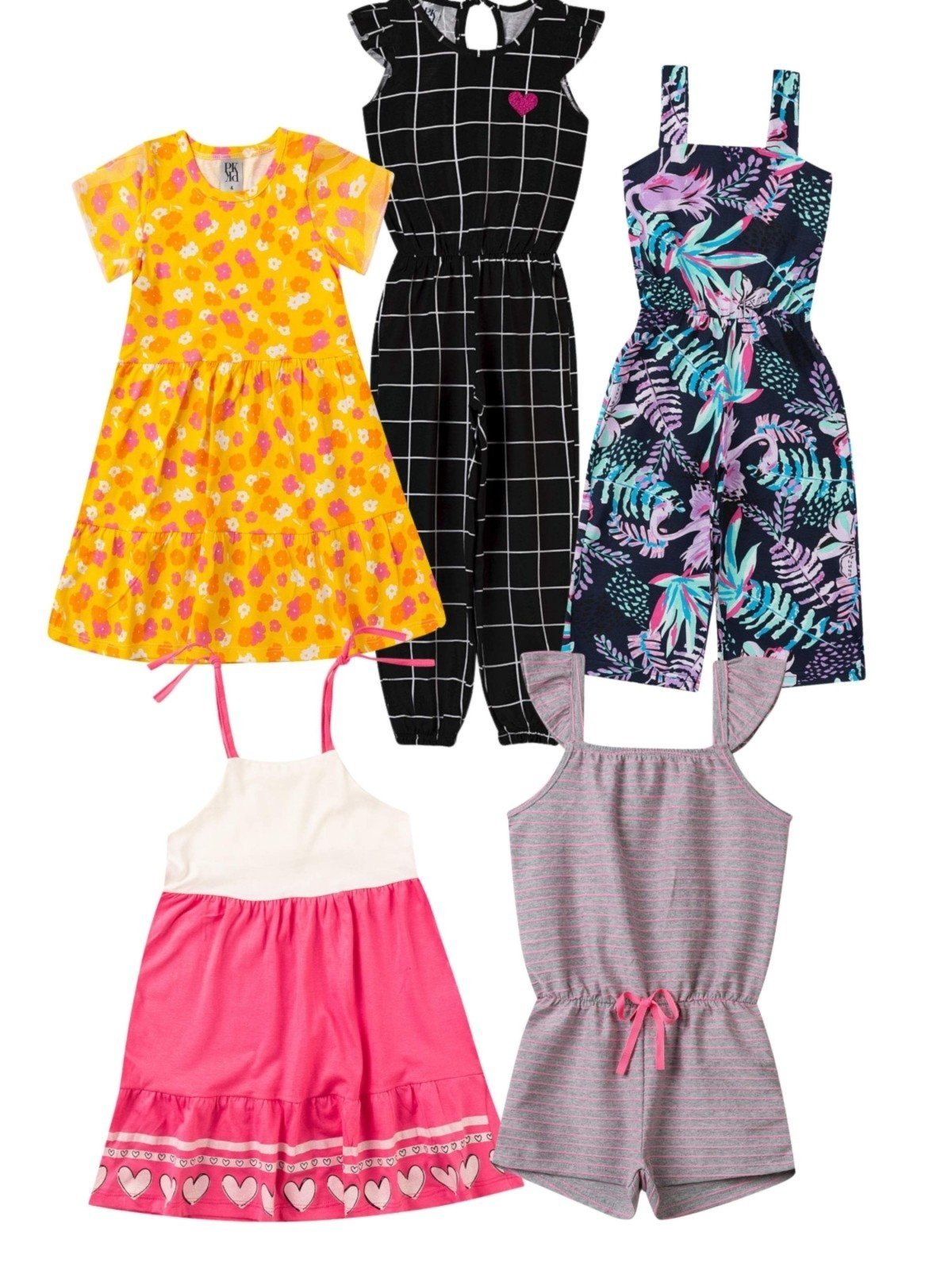 Vista 3 Infantil - Kit Sortido Vestidos e Macaquinhos Platinum Verão - 5 Peças PLATINUM KIDS multicolorido PLATINUM KIDS multicolorido