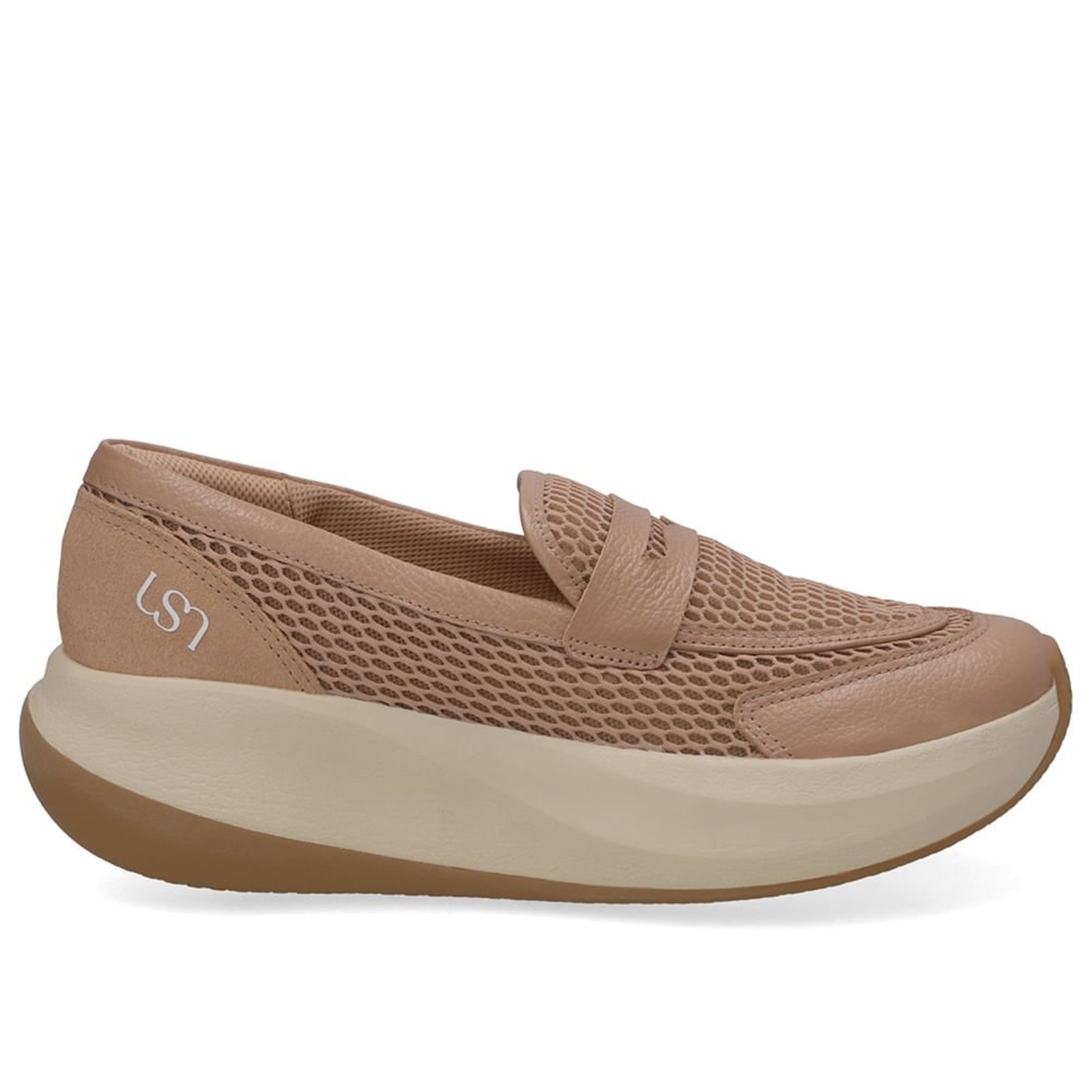 Loafer Multimateriais Bege Com Solado Alto
