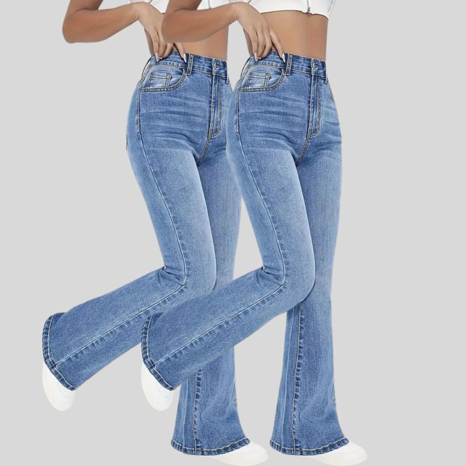 Kit 2 Calça Flare Jeans Feminina Text Jeans Boca de Sino Cintura Alta Modeladora Azul Claro