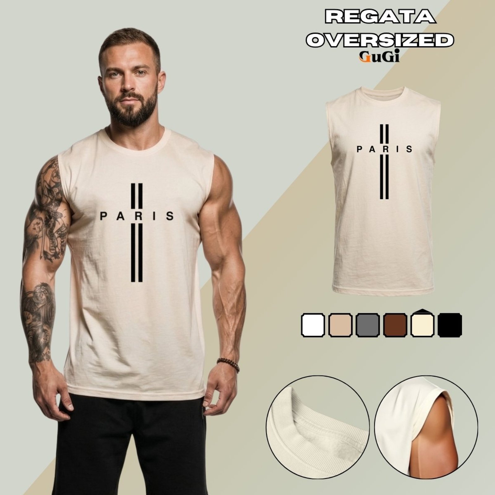 Camiseta Regata Masculina Oversized Estampada Cruz Paris França Off White