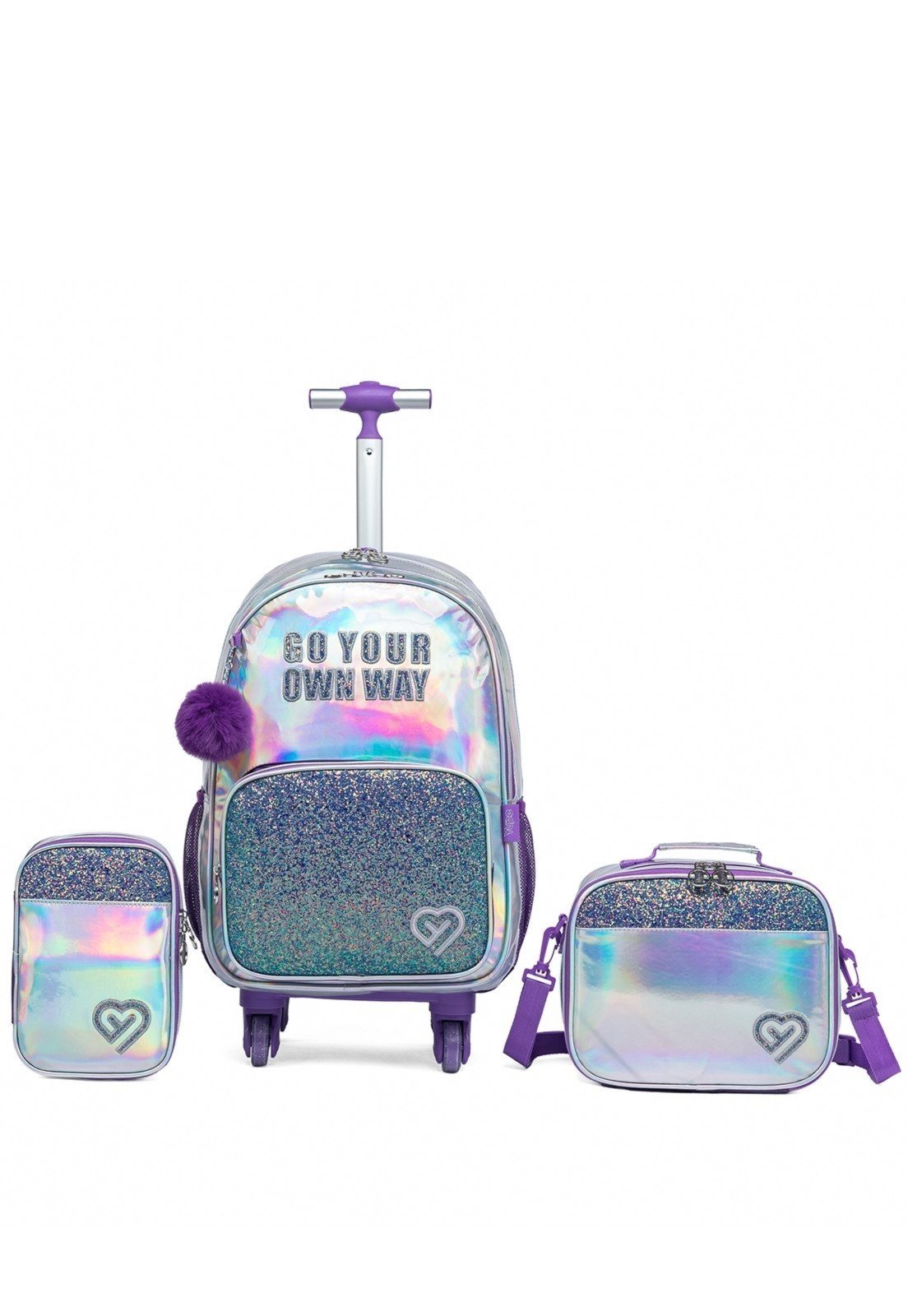 Infantil – Kit Mochila De Rodinhas Bolsa Escolar Juvenil Prateada Reforçada