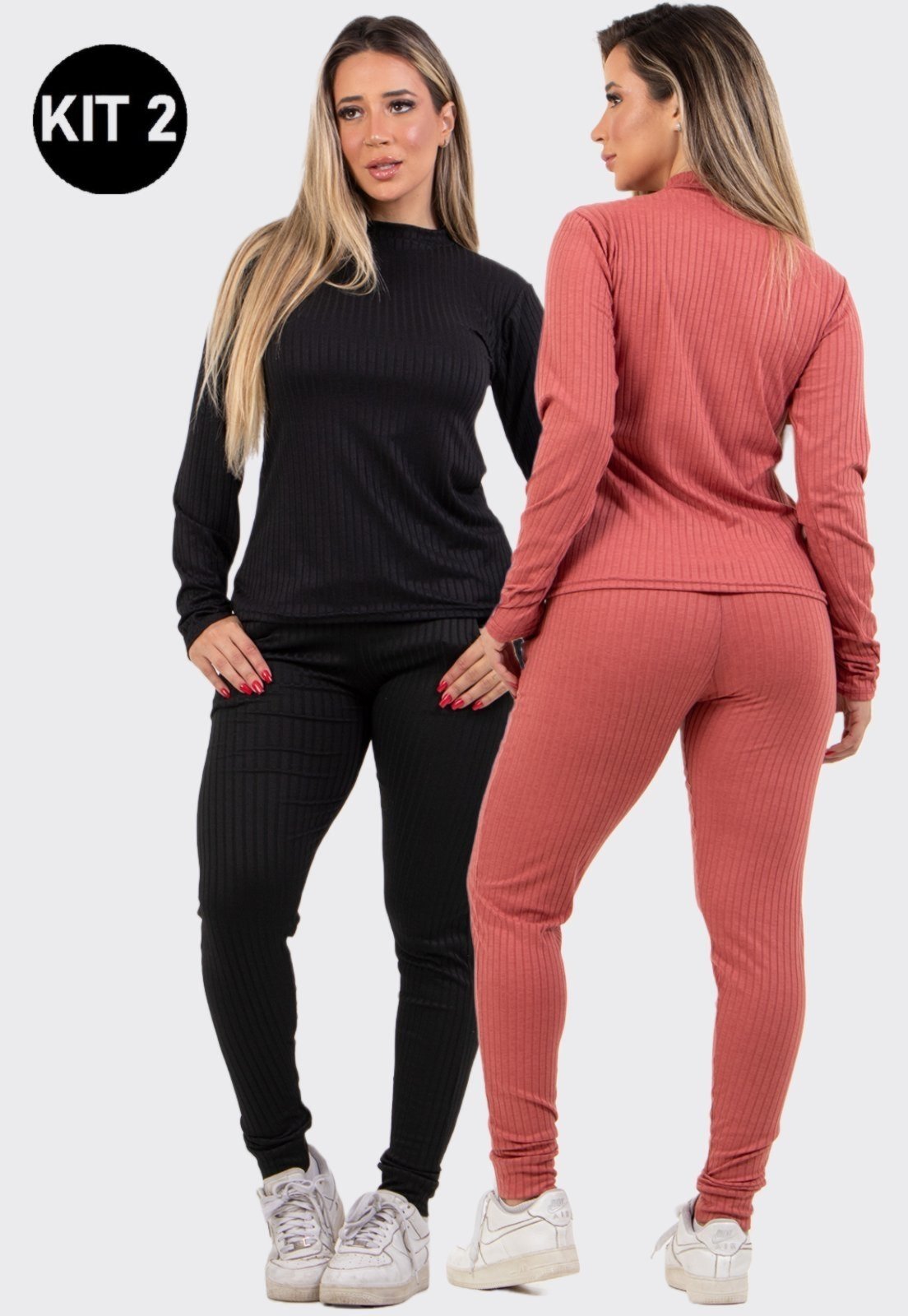 Kit 2 Conjuntos Canelado 4 Estações Manga Longa Blusa Canelada Calça Jogger Cintura Alta Liso Preto/Salmão