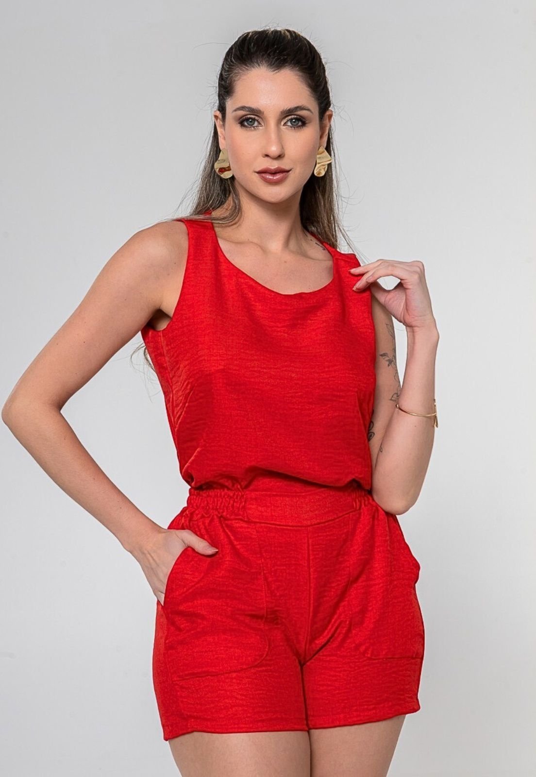 Conjunto Camisa Regata Cropped e Shorts com Elástico Moda Verão – Vermelho