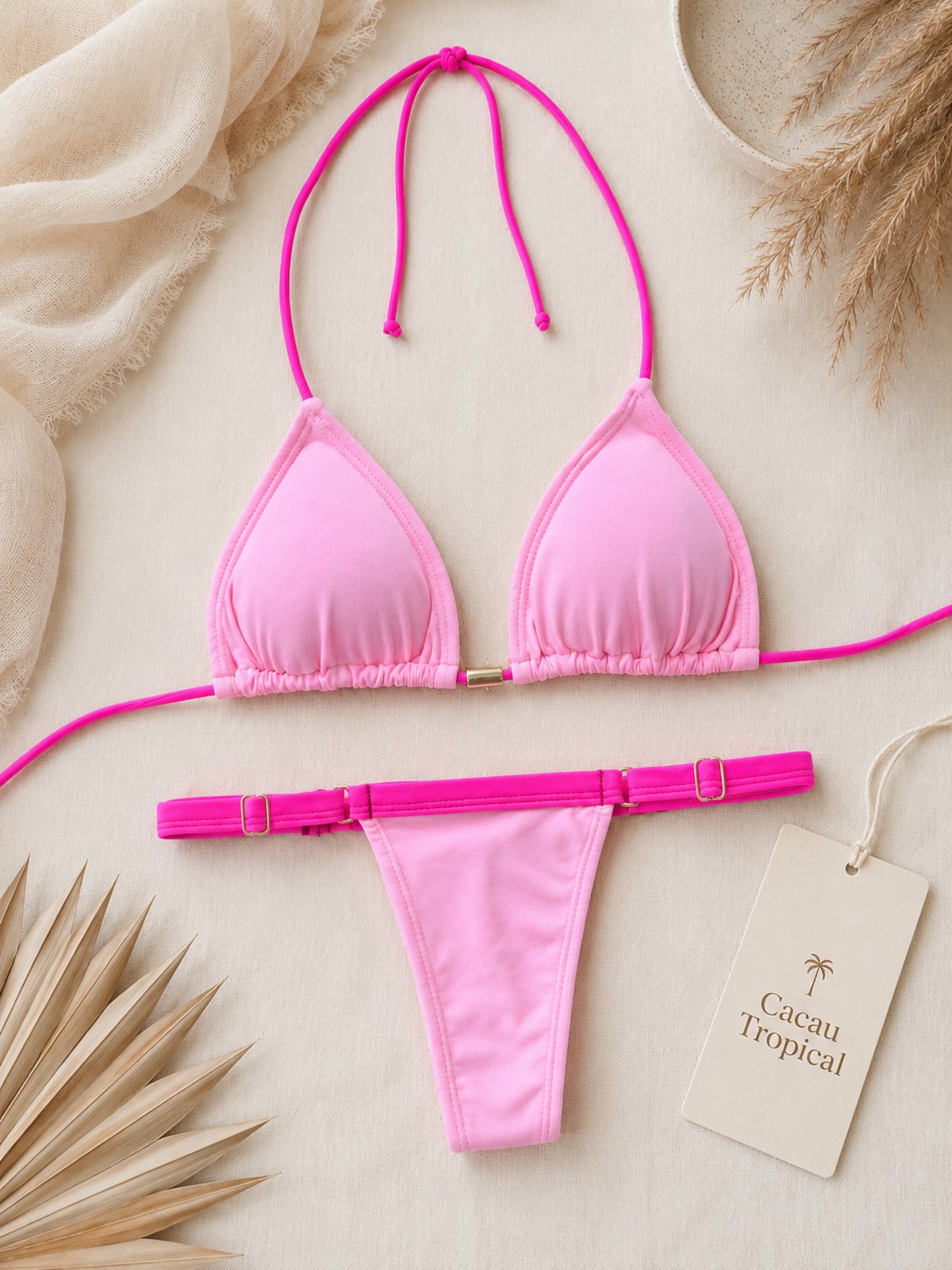 Biquíni Cortininha Rosa e Pink Cacau Tropical com Calcinha Ajustável Moda Praia Feminina