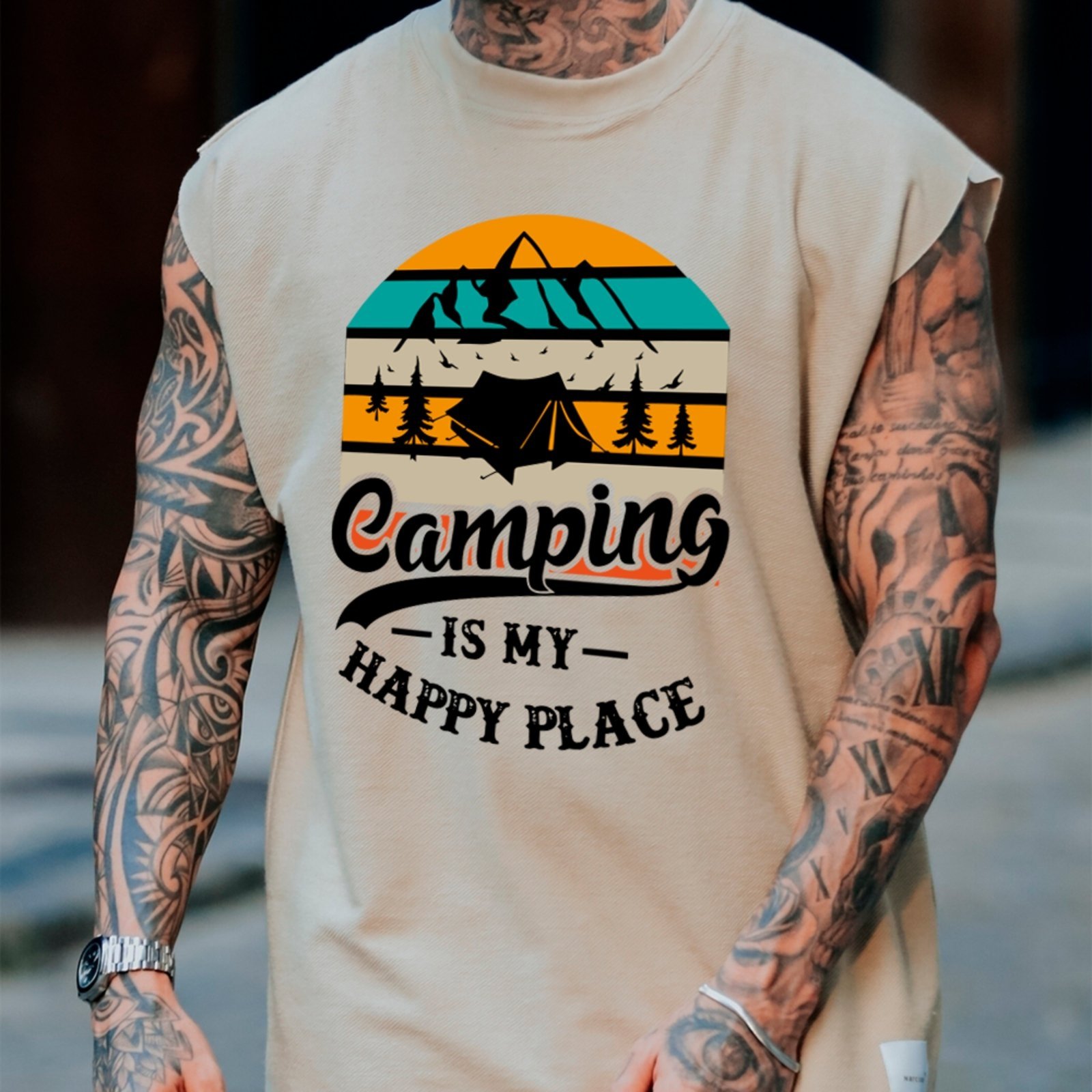 Camiseta Regata Machão Ousy Camping Is My Happy Place Oversized Masculina Off White