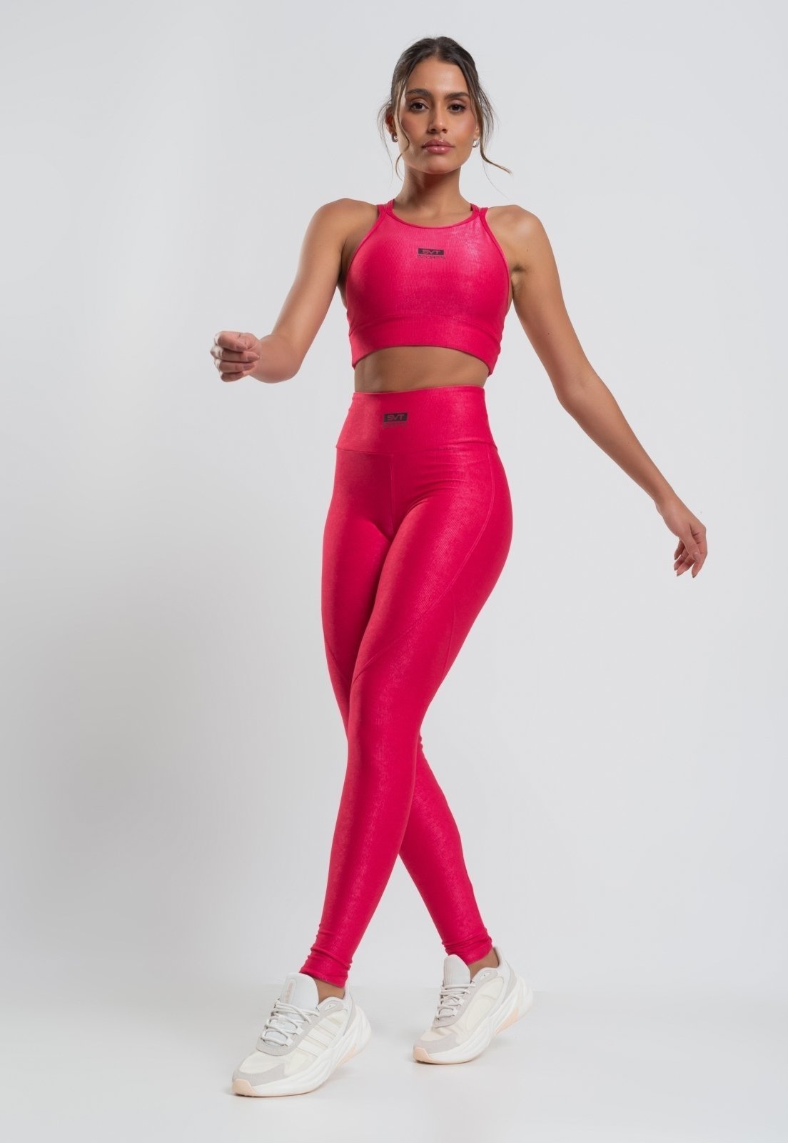 Calça Legging Suplex Canelada com Brilho e Recortes Salvatore Fashion Rosa