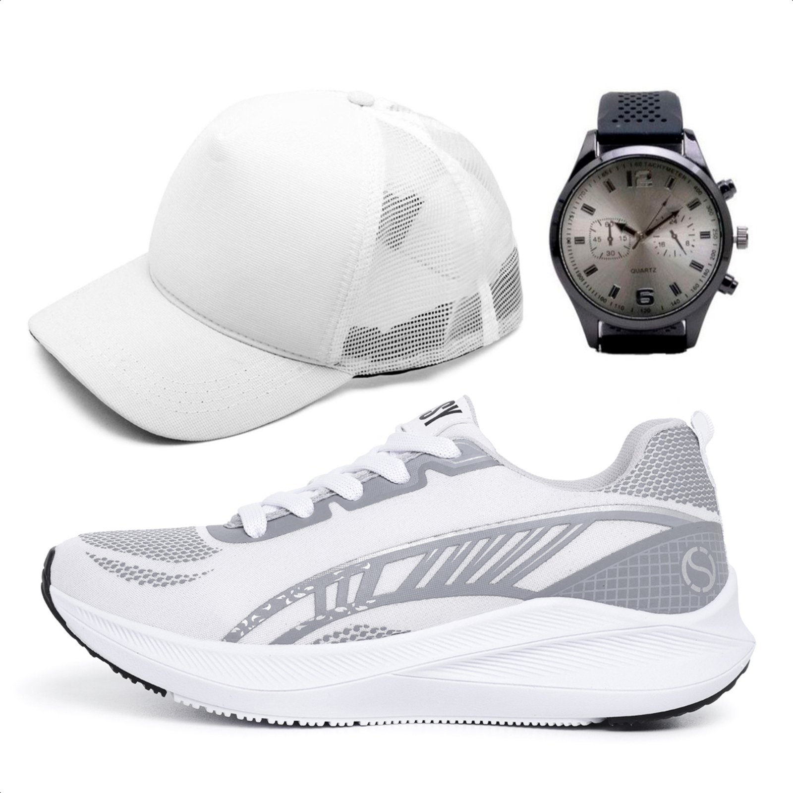 Tênis Masculino Esportivo Izabella Helena Treino Academia Caminhada Fitness Leve Confortável + Boné e Relógio Branco