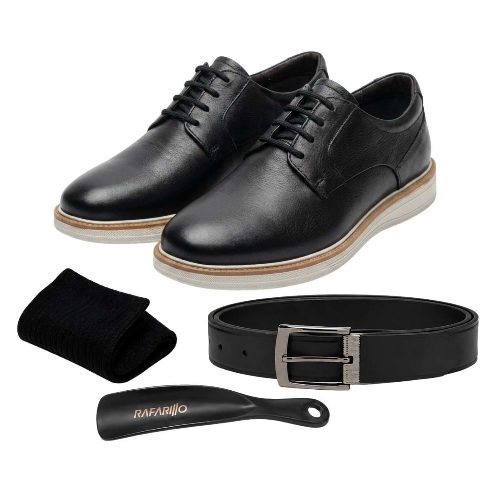 Kit Sapato Social Masculino Rafarillo em Couro com Cinto, Meia e Calçadeira Casual Elegante Confortável para Trabalho e Ocasiões Especiais