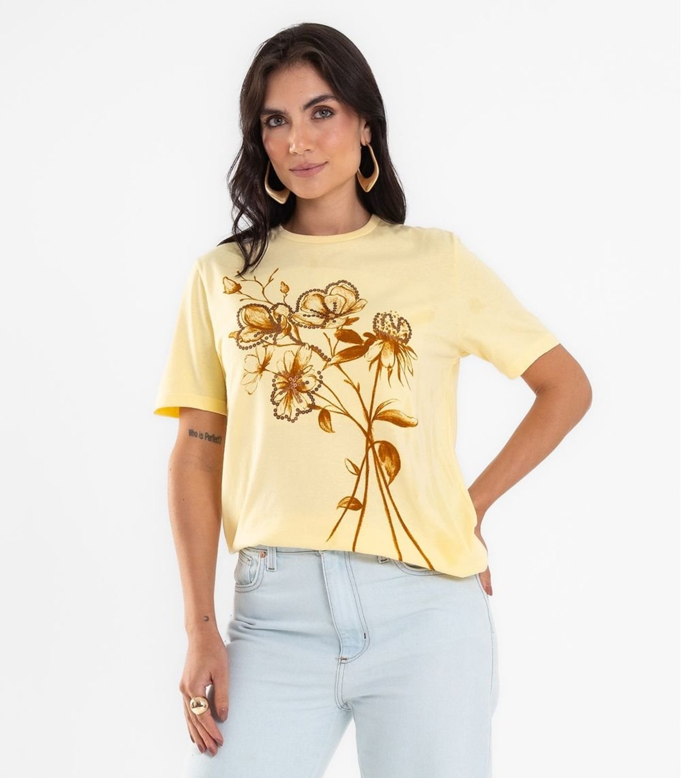 T shirt Feminina Bordado De Lantejoulas rovitex Amarelo