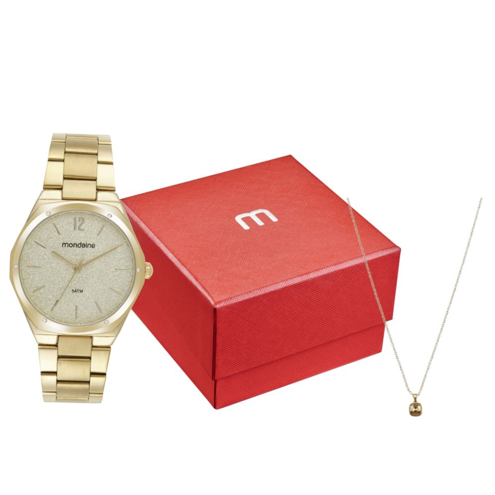Kit Relógio Feminino Glitter Dourado Com Colar Mondaine