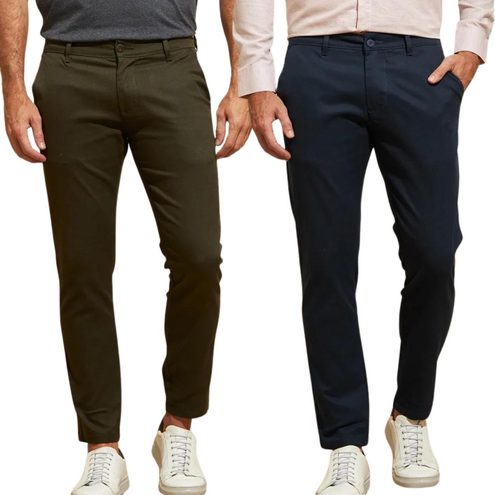 Kit 2 Calças FMF de Sarja Chino Com Bolso Traseiro Embutido Alfaiataria Skinny Verde Militar e Marinho