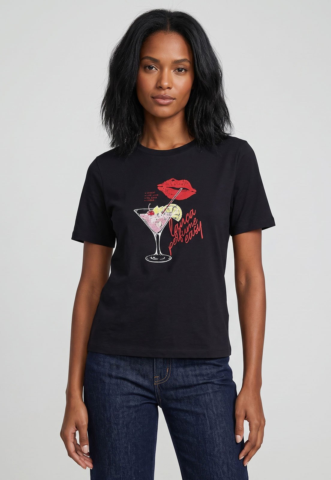 Camiseta Feminina Lança Perfume Estampa Coquetel Preta
