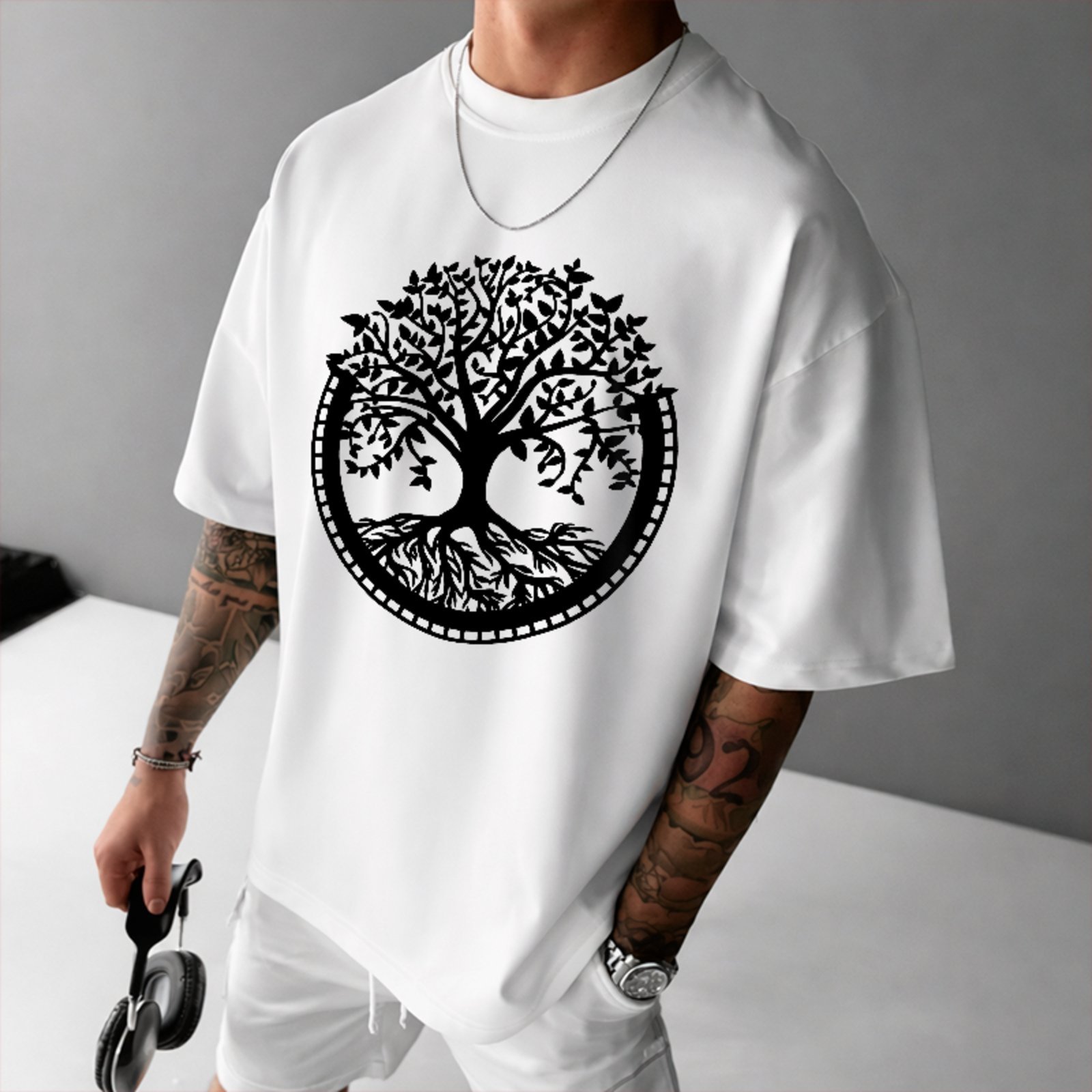 Camiseta Oversized Premium Árvore da Vida Minimalista Unissex Branco