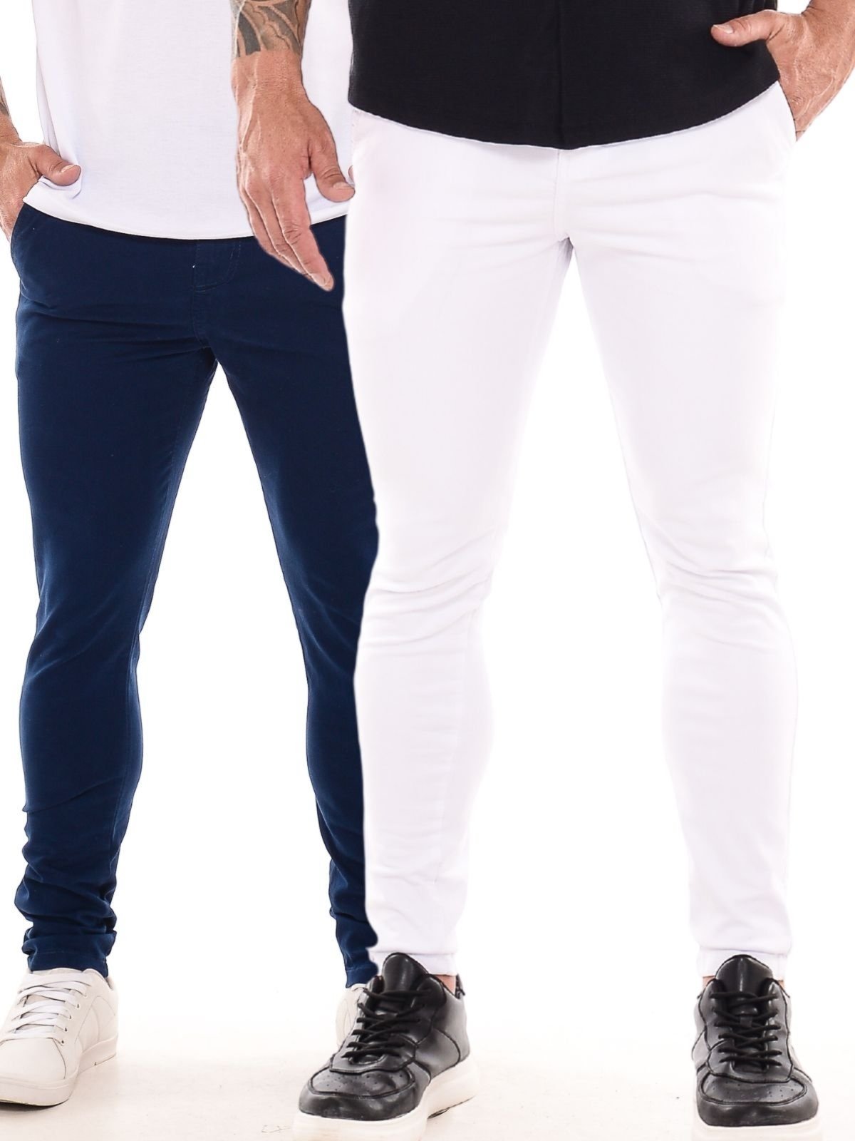 Kit 2 Calças Sarja Masculina Ethereal Jeans Confortável e Estilosa Azul Escuro e Branco