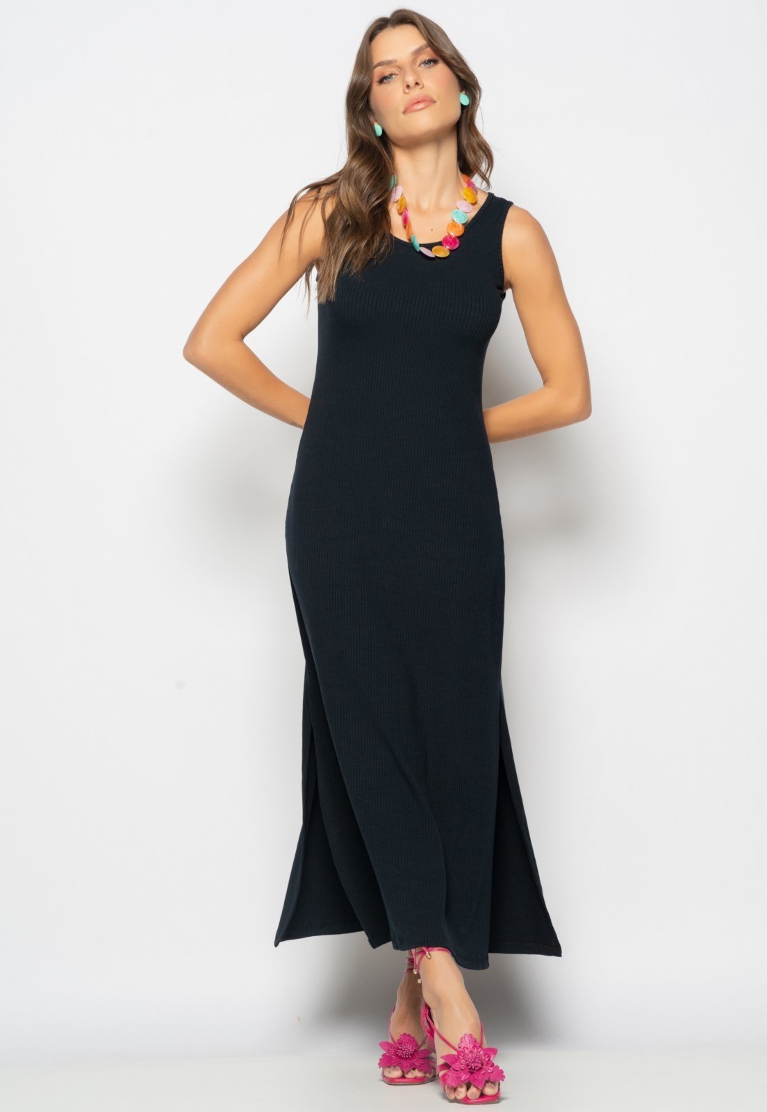 Vista 3 Vestido Longo Regata Com Fenda Canelado Salvatore Salvatore Fashion preto Salvatore Fashion preto