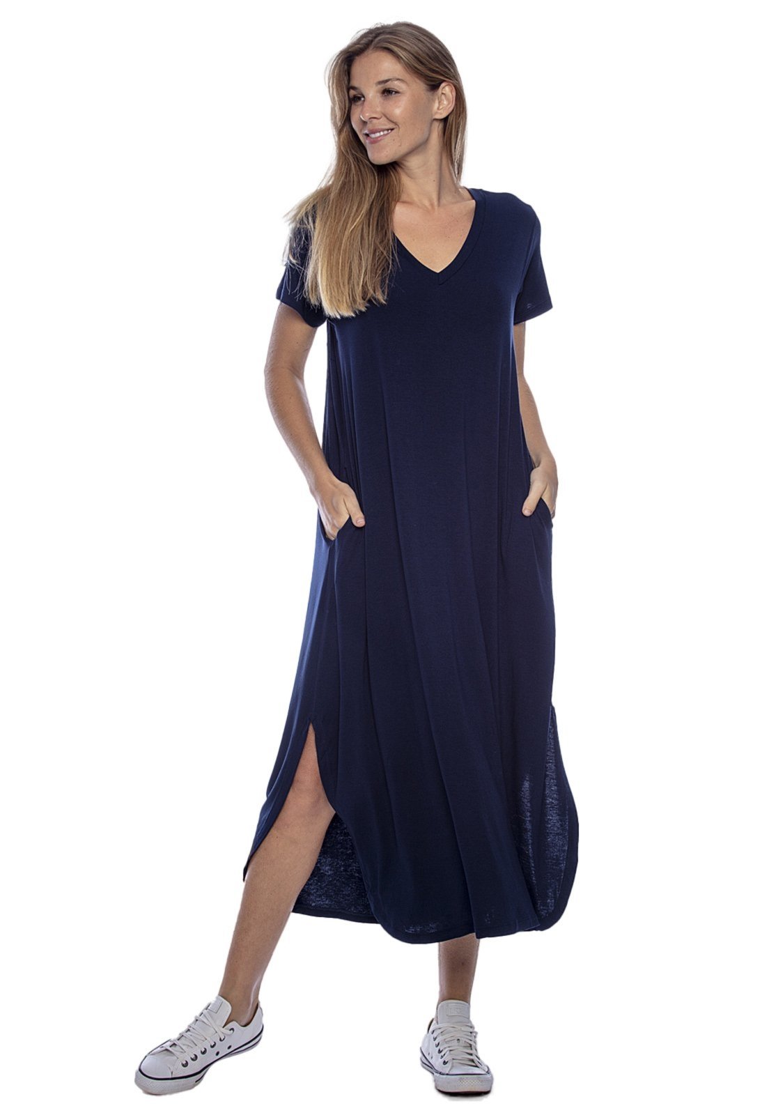 Vestido Midi Amplo Malha com Bolso Amazonia Vital Azul