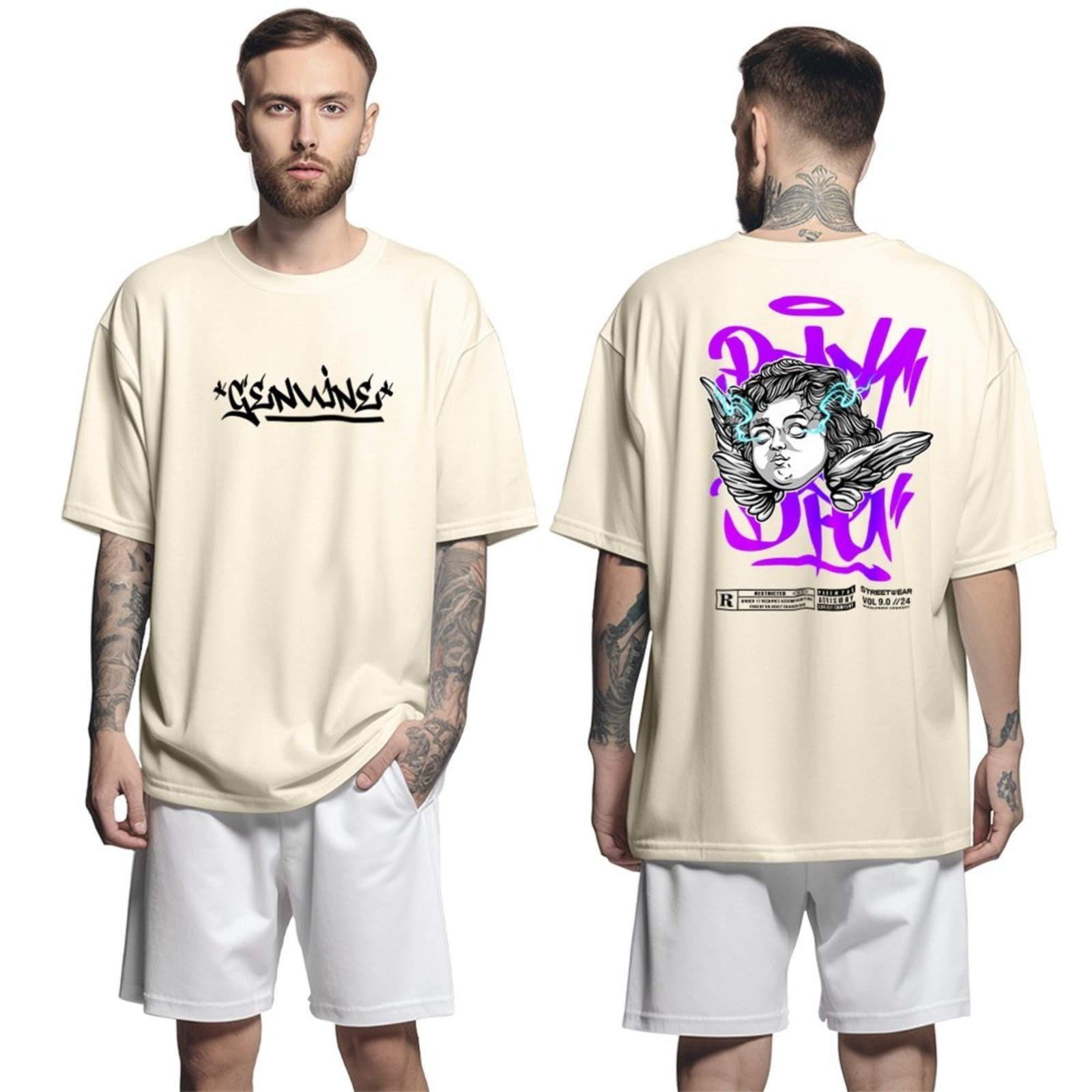 Camisa Camiseta Oversized Streetwar Genuine Grit Masculina Larga 100% Algodão 30.1 Angel Lightining – Bege – P