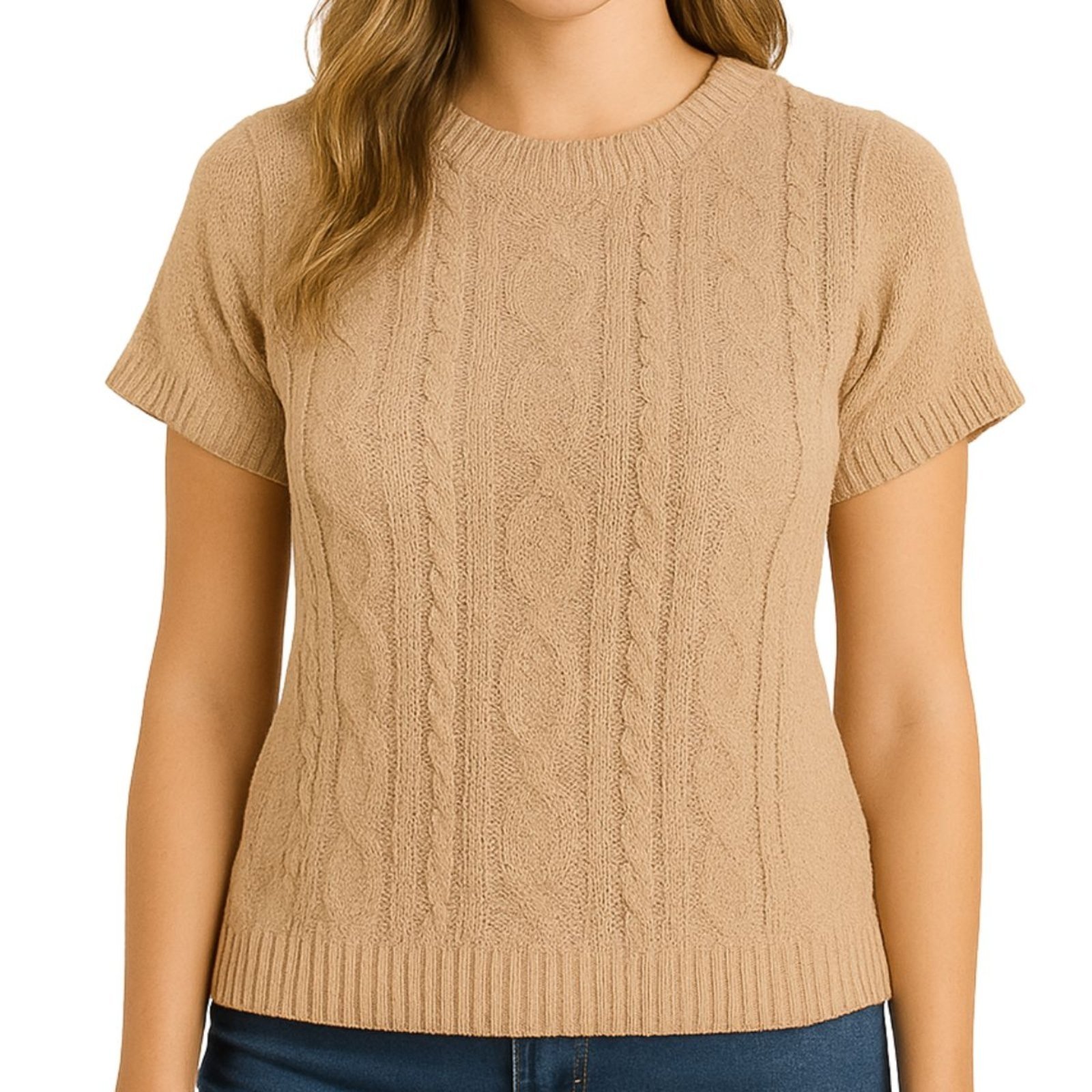 Blusa Vih Triny Feminina Tricô Manga Curta Canelada Trama Trançada Bege