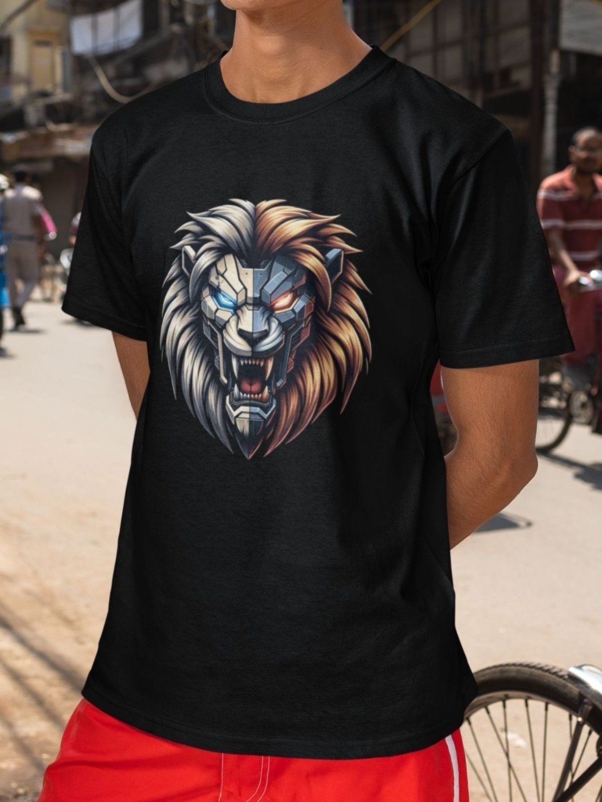 Vista 3 Camiseta Básica Masculina GuGi Leão Robótico Cyberpunk Scifi Futurista preto Gugi preto