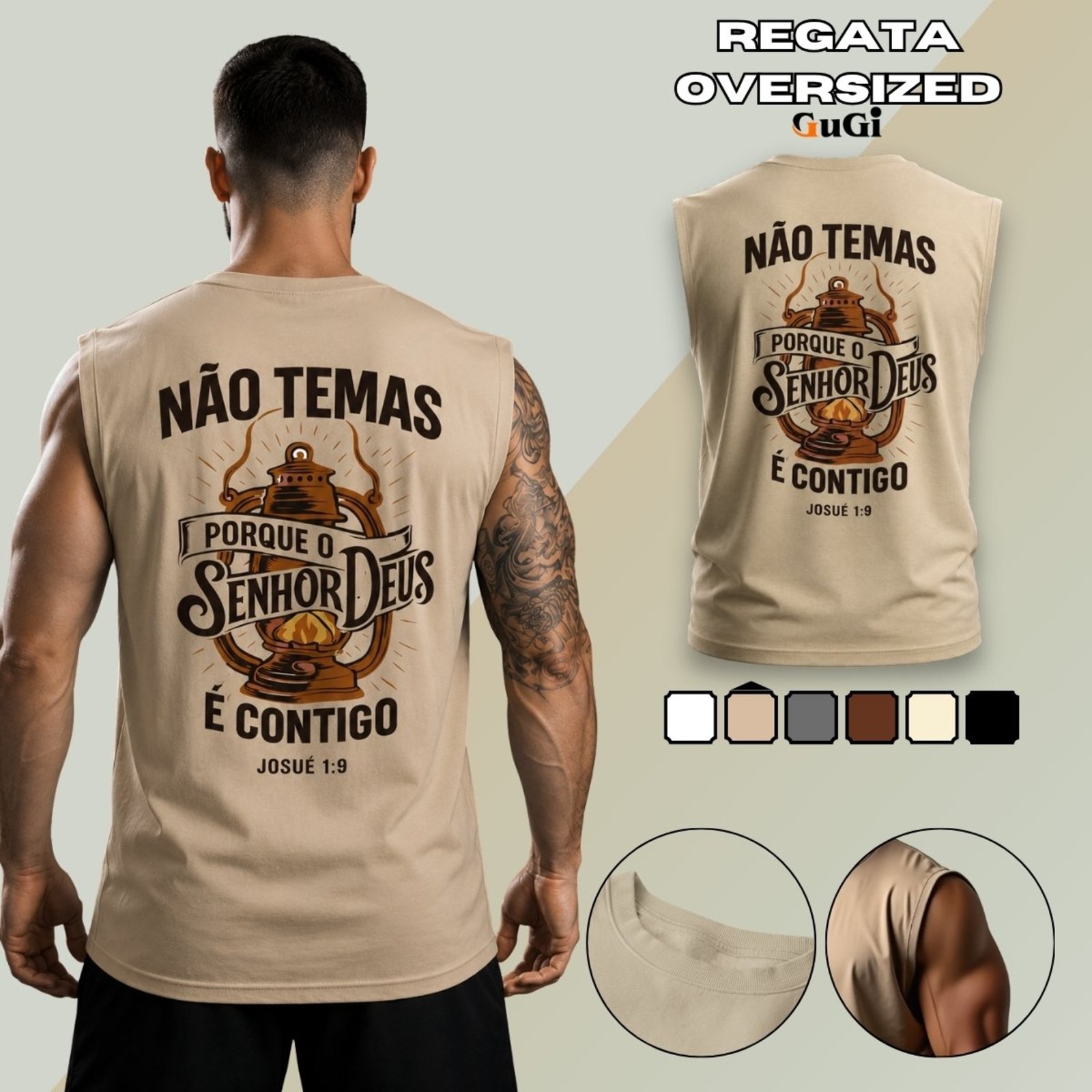 Camiseta Regata Masculina Oversized Estampada Versiculo Josué 9:1 100% Algodão 30.1 Cáqui
