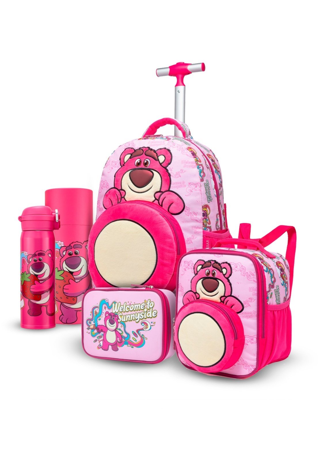Infantil - Kit Mochila Rodinha Lancheira Estojo Garrafa Lotso Toy Story Disney