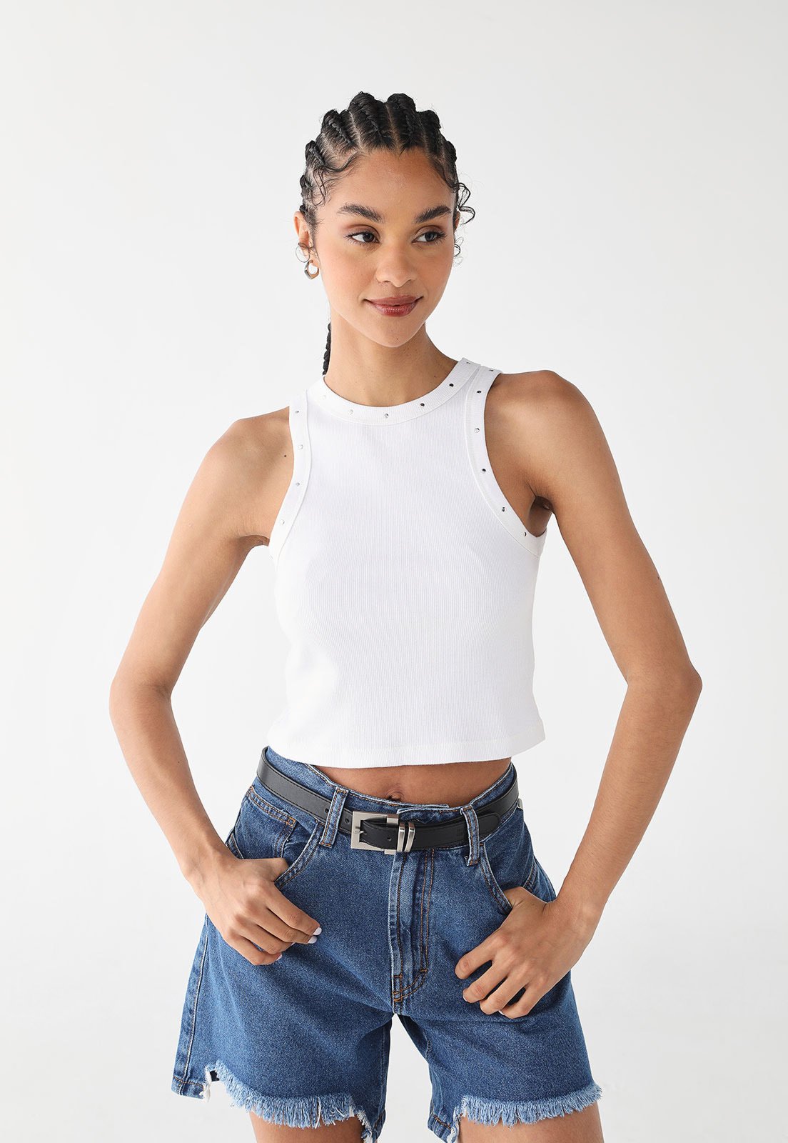 Regata Feminina John John Cropped Canelada Branca com Tachas