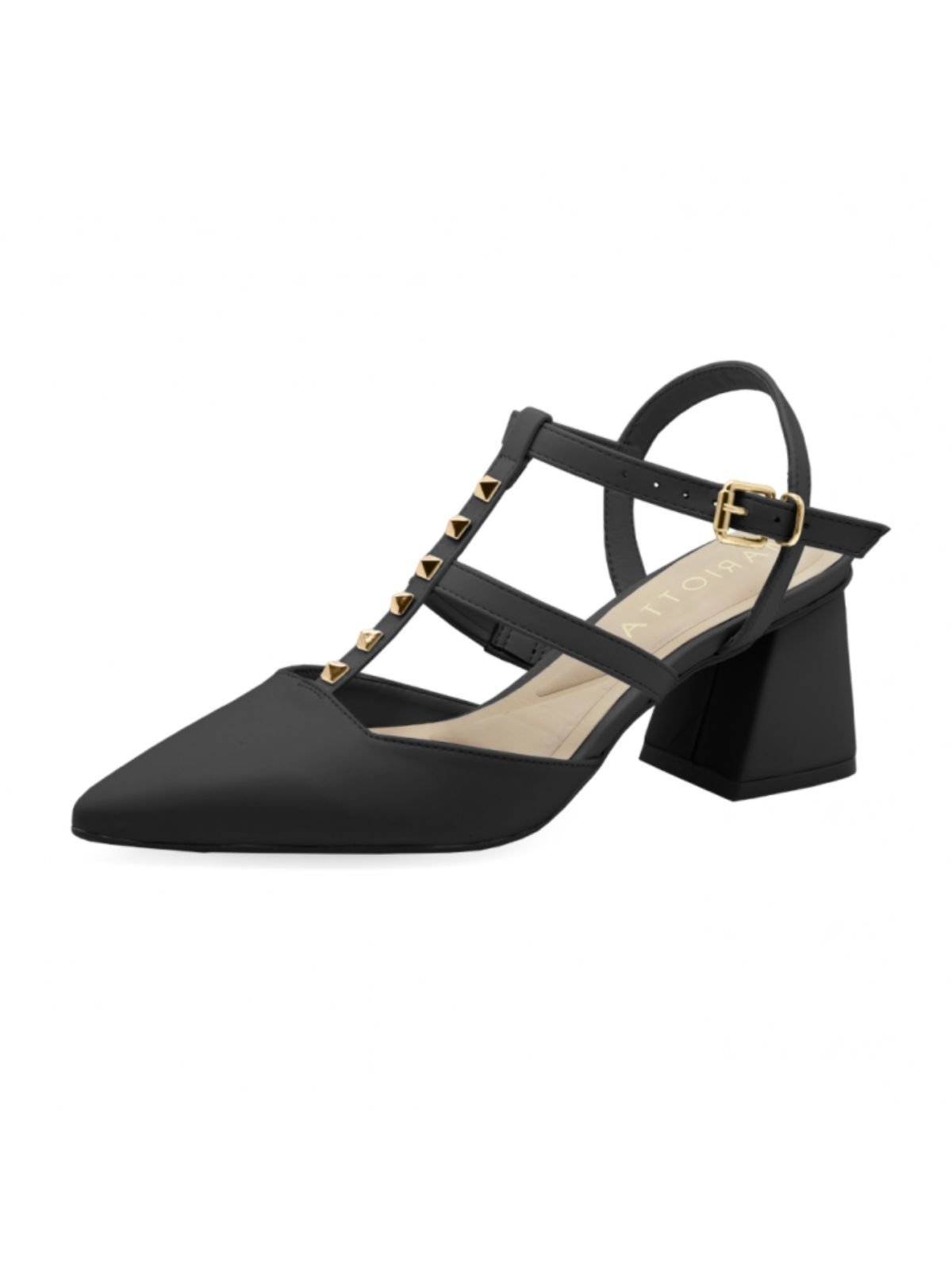 Sapato Feminino Scarpin Preto Salto Bloco Baixo Bico Fino Spikes
