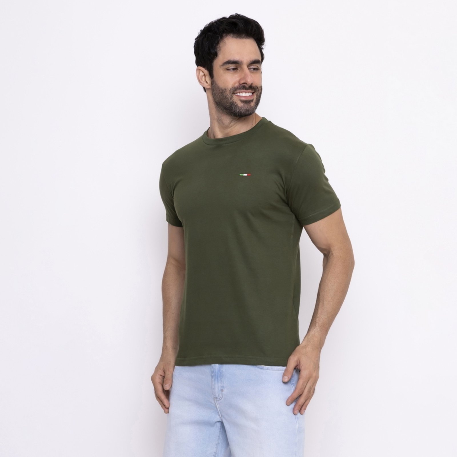 Vista 2 Camiseta Masculina Básica FMF com Bordado no Estilo Tommy Algodão Premium Itália Verde Militar preto verde FMF preto verde
