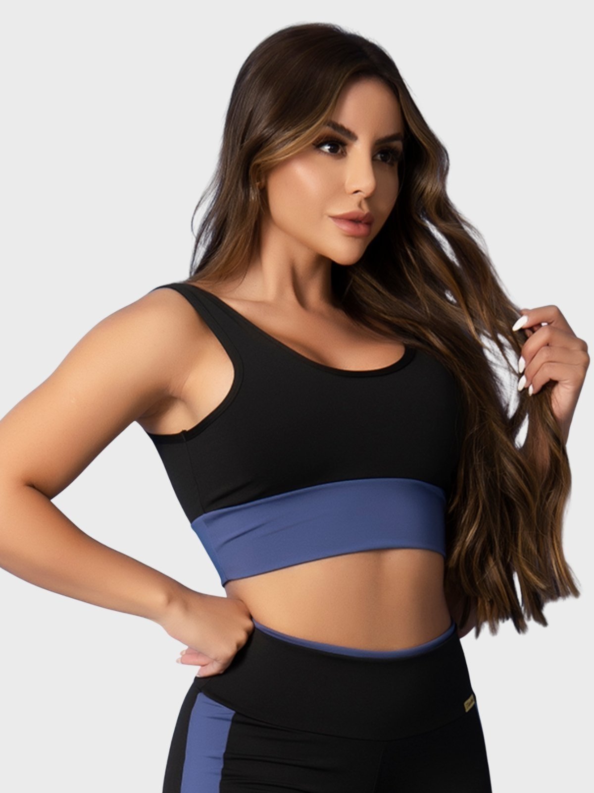 Top Fitness Tarelles Alça Larga Forrado Preto e Azul