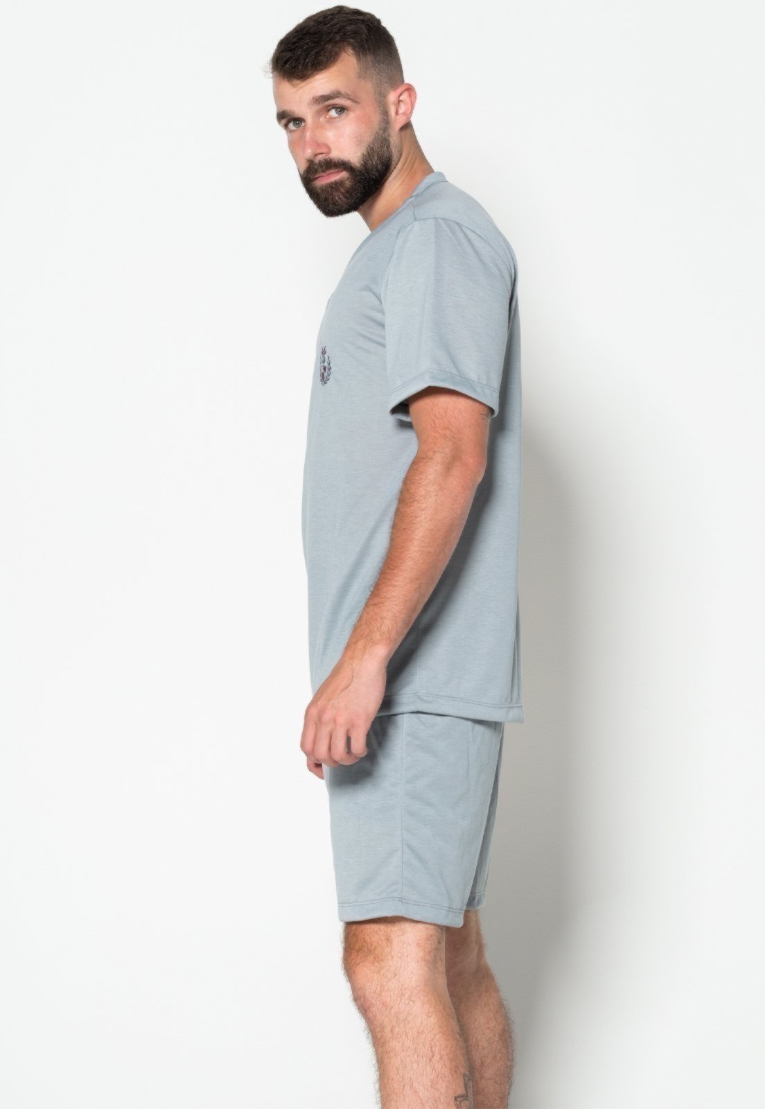 Vista 3 Pijama Masculino WLS Modas Gola V Liso Manga Curta cinza WLS Modas cinza