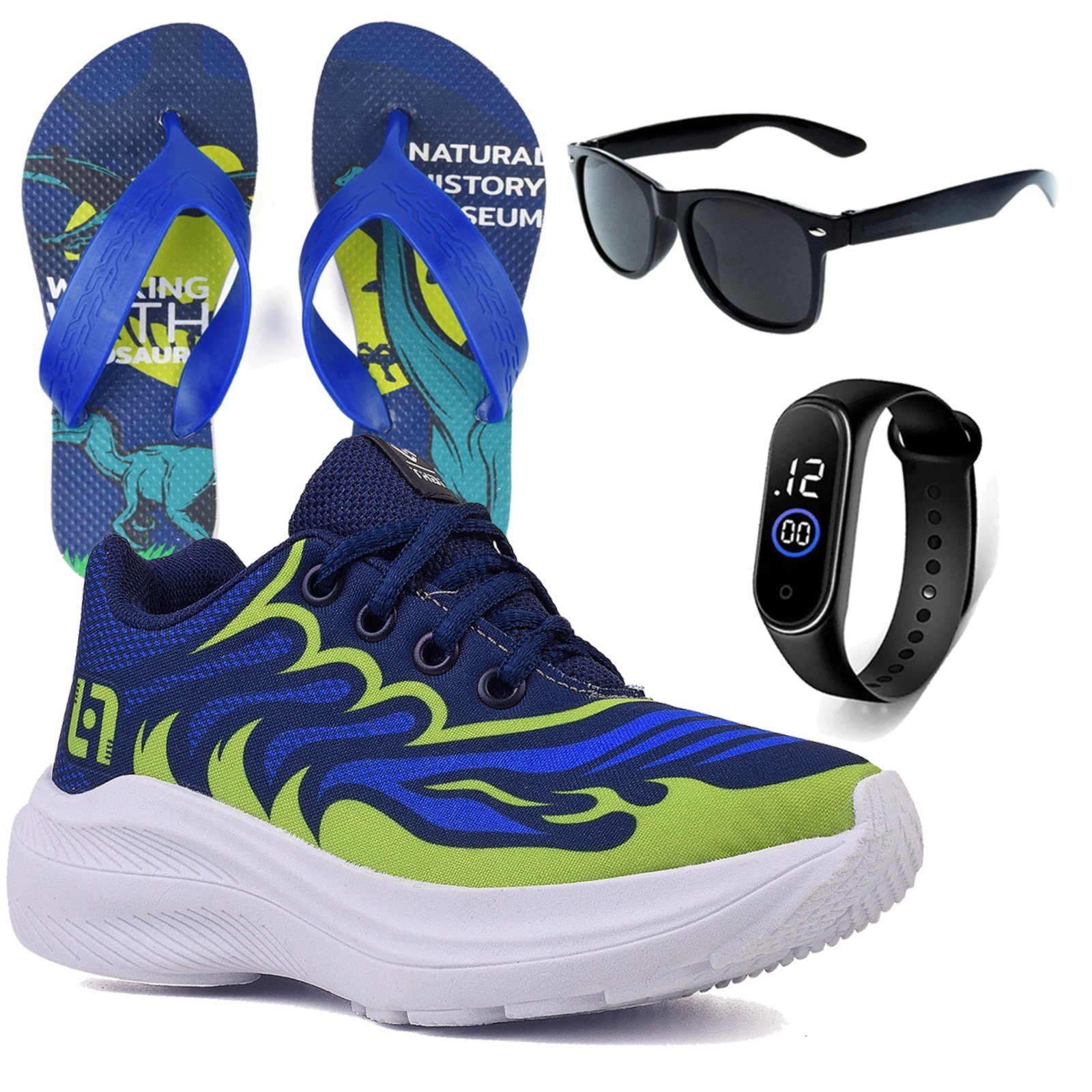 Infantil – Kit Tênis Marinho Meninos Escolar Chinelo Óculos Relógio