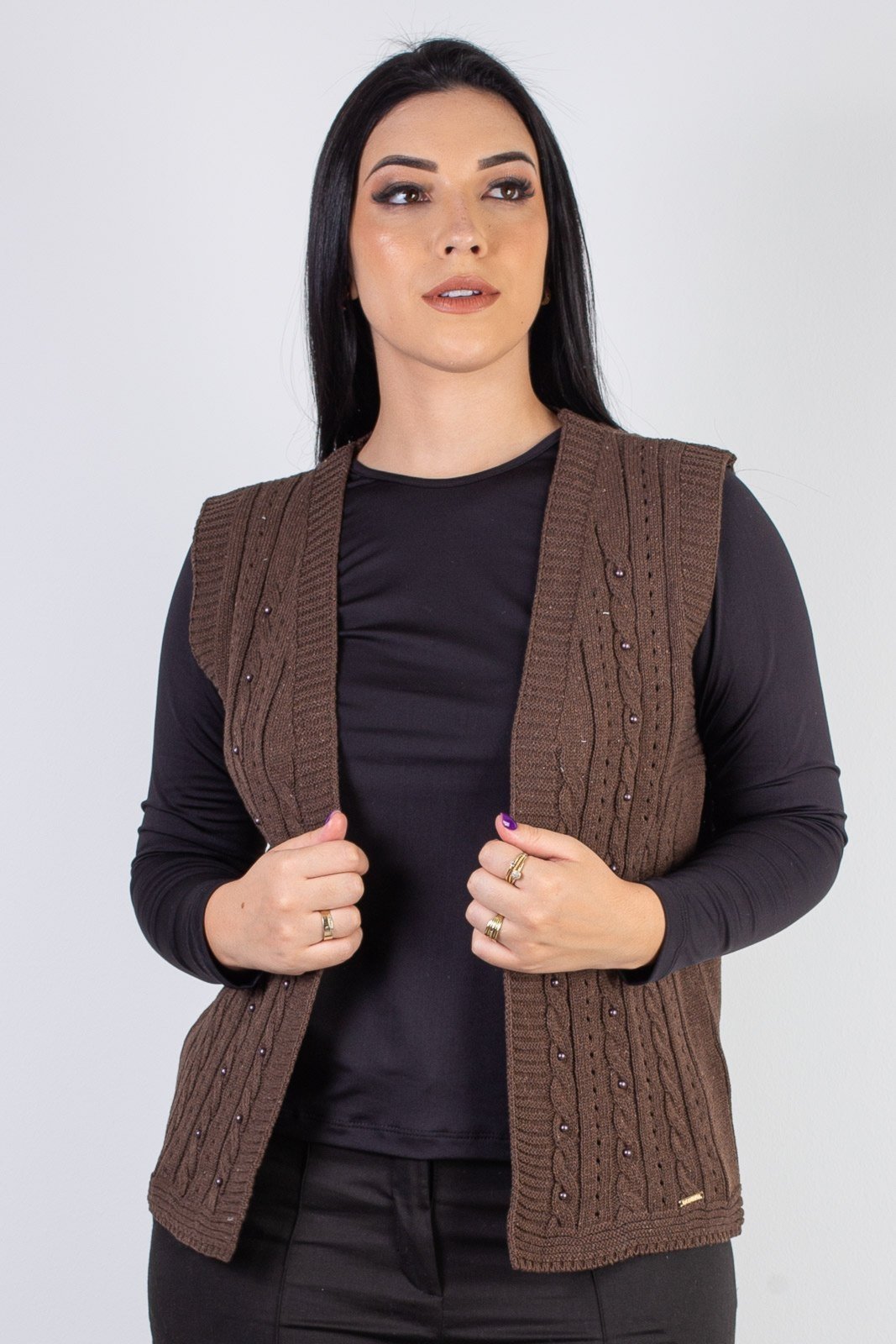 Colete de malha feminino com tranças 60006 – Marrom